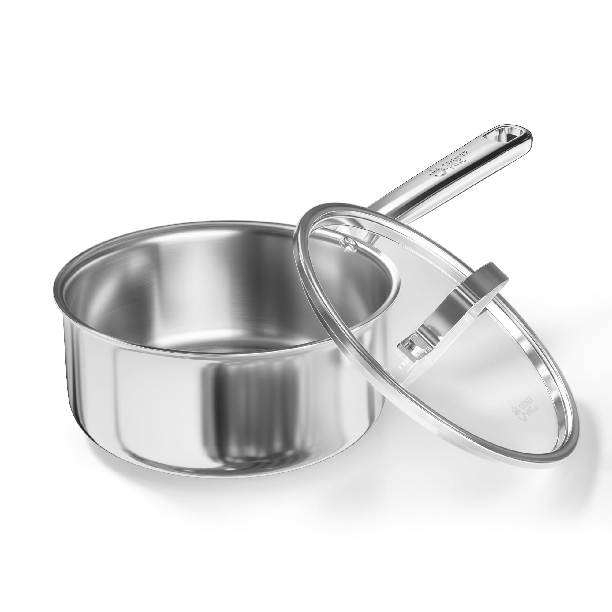 Cooker King 1.5QT Stainless Steel Saucepan with Tempered Glass Lid, Metal Utensils Safe, No Coating (PFAS/PFOA/PTFE Free), Dishw