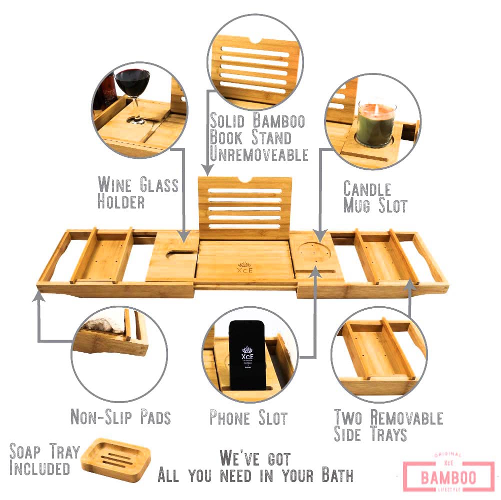 Xce Bathtub Caddy Tray (Natural)- Bamboo Wood Bath Tray And Bath Caddy For A Home Spa Experience