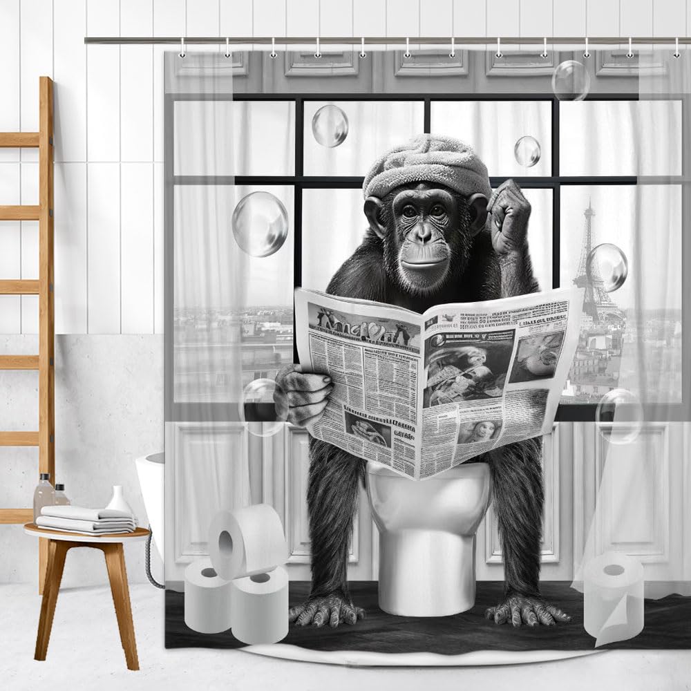 Lkfbsc Funny Monkey Shower Curtain, Black And White Fun Chimpanzee Animal On Toilet Bathroom Curtains, 72X72 Humorous Shower Cur