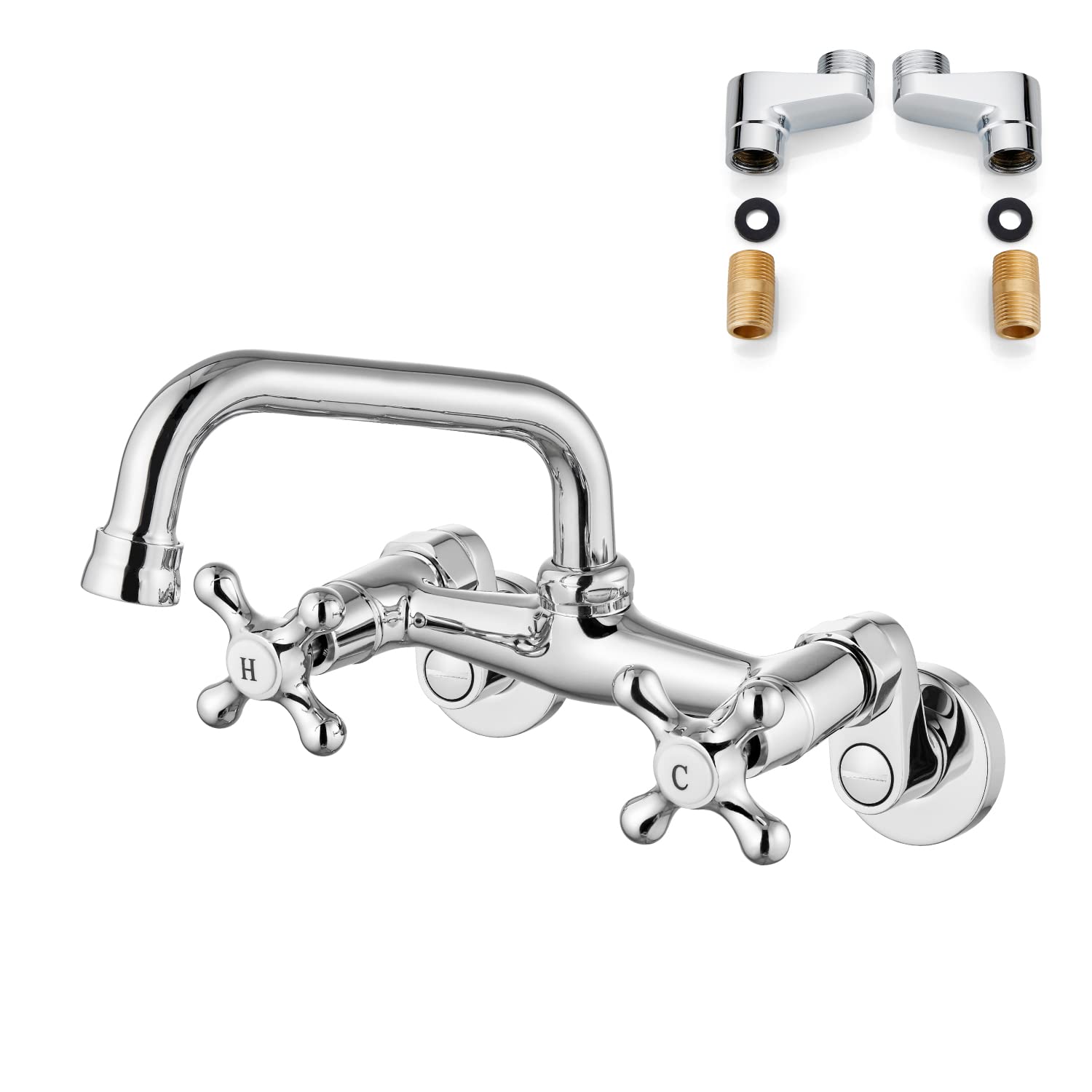 Airuida Wall Mounted Kitchen Faucet Chrome Polish 6 Inch(15Cm) Spout Reach 6 Inch Center Adjustable Center Double Cross Handles