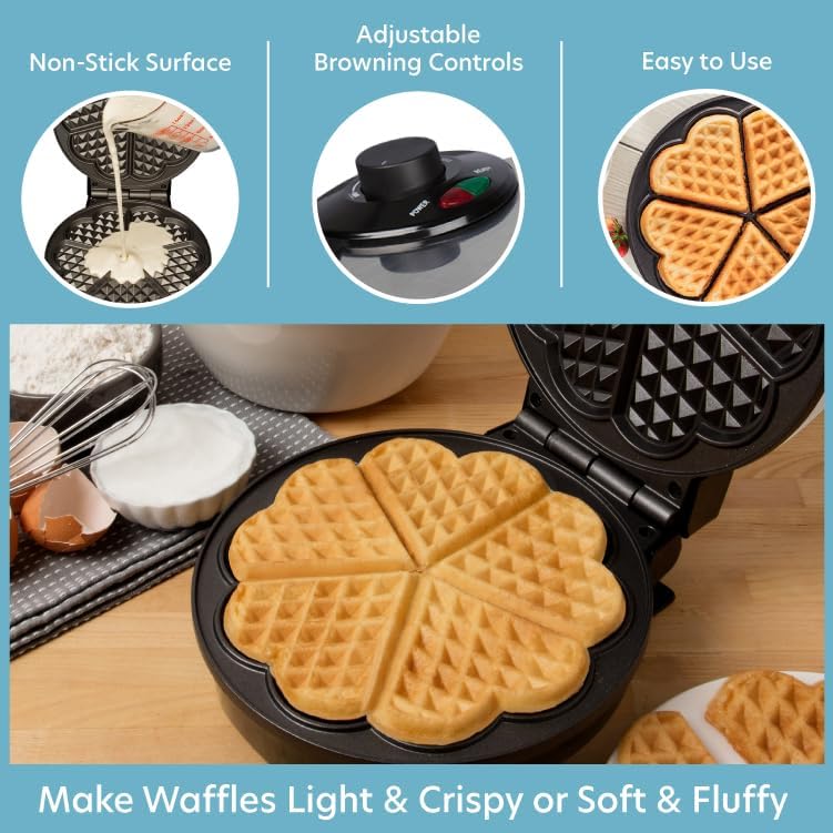 Heart Waffle Maker - Makes 5 Heart-Shaped Waffles for Christmas Holiday Breakfast - Nonstick Baker for Easy Cleanup  Electric Waffler Griddle Iron w Adjustable Browning Control- Gift for Loved Ones