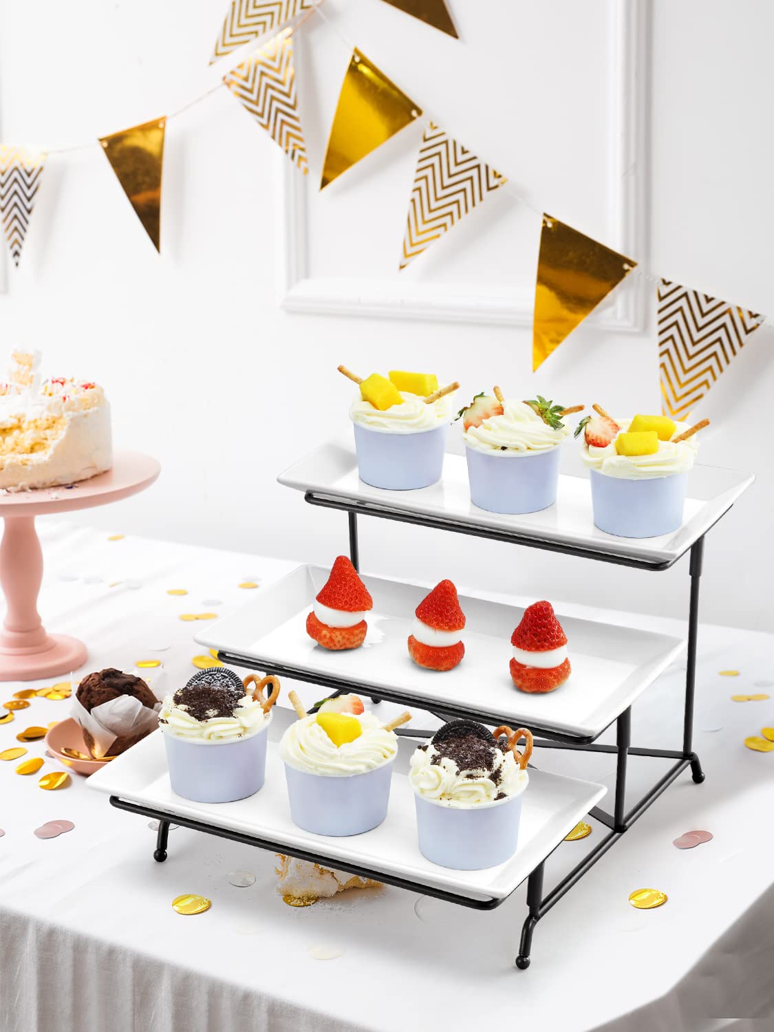 Yedio 3 Tier Serving Tray Set Porcelain Tiered Serving Trays Platters, Collapsible Sturdier Stand With Stable Cross Bars, For Pa