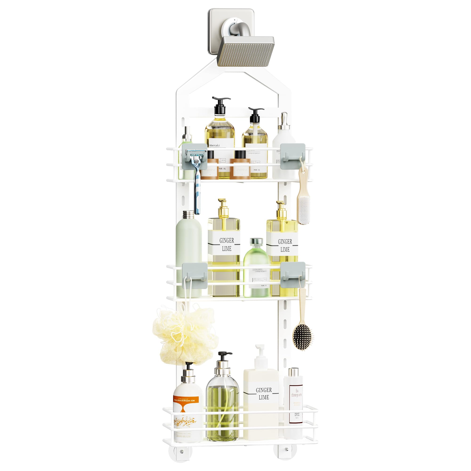 Orimade Adjustable Anti-slip Shower Caddy over Head, Rustproof Bathroom Hanging Shower Organizer with 2 Hooks for Razor, No Dril