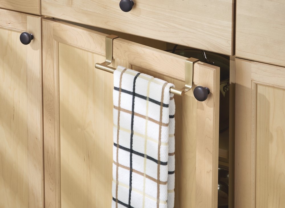 InterDesign Over-the-Cabinet Dish Towel Bar Holder, 9" Stainless Steel, Pearl Brass, Model 29549