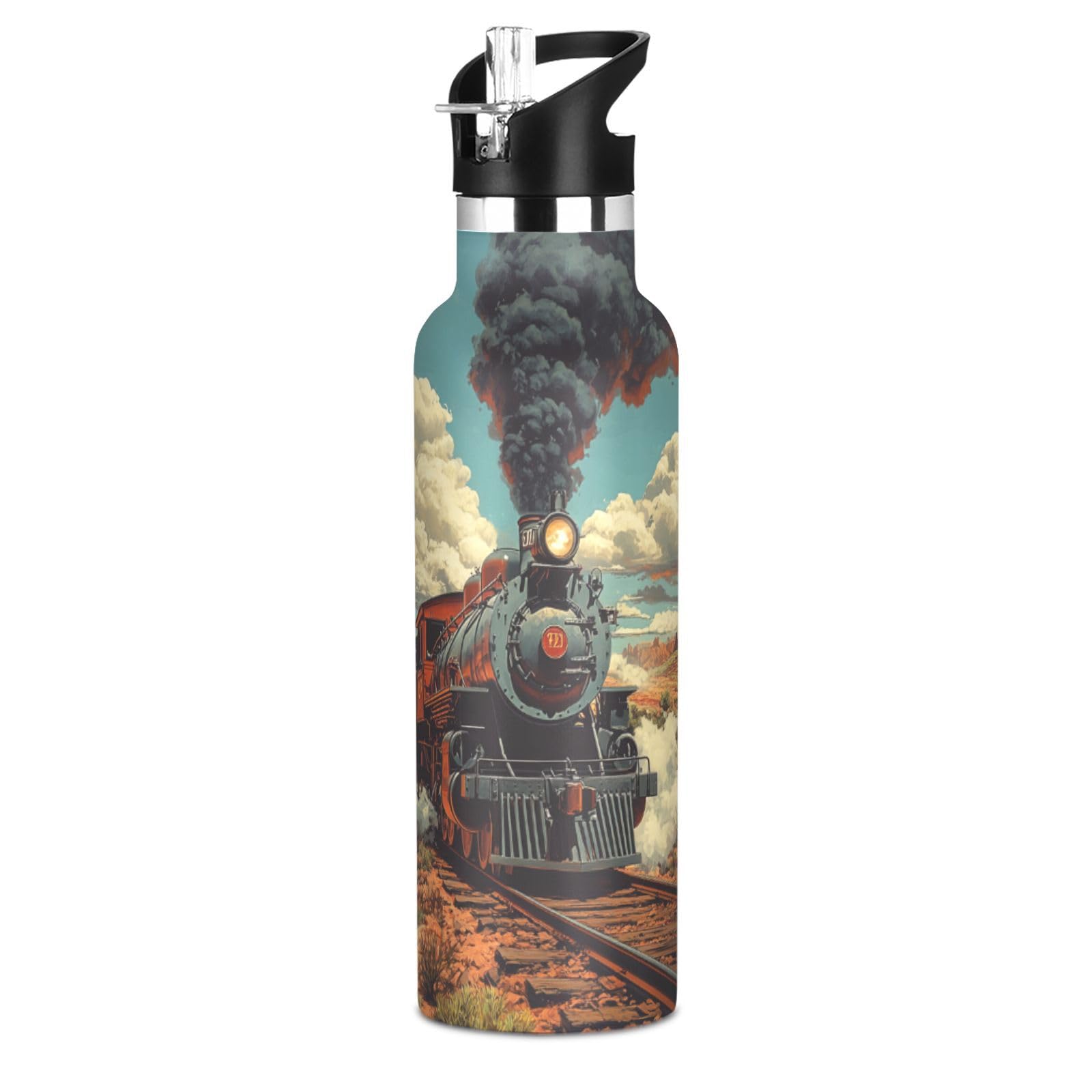Selerdon Sports Water Bottle Steam Train Western Wilderness Stainless Steel Beverage Container 20 oz Coffee Cup with Detachable 