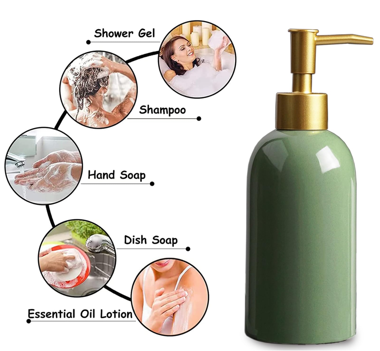 Ceramic Soap Dispenser Green With Gold Pump,Simple Design Cylindrical Lotion Dispenser Bottle,Refillable Liquid Hand Soap Dispen