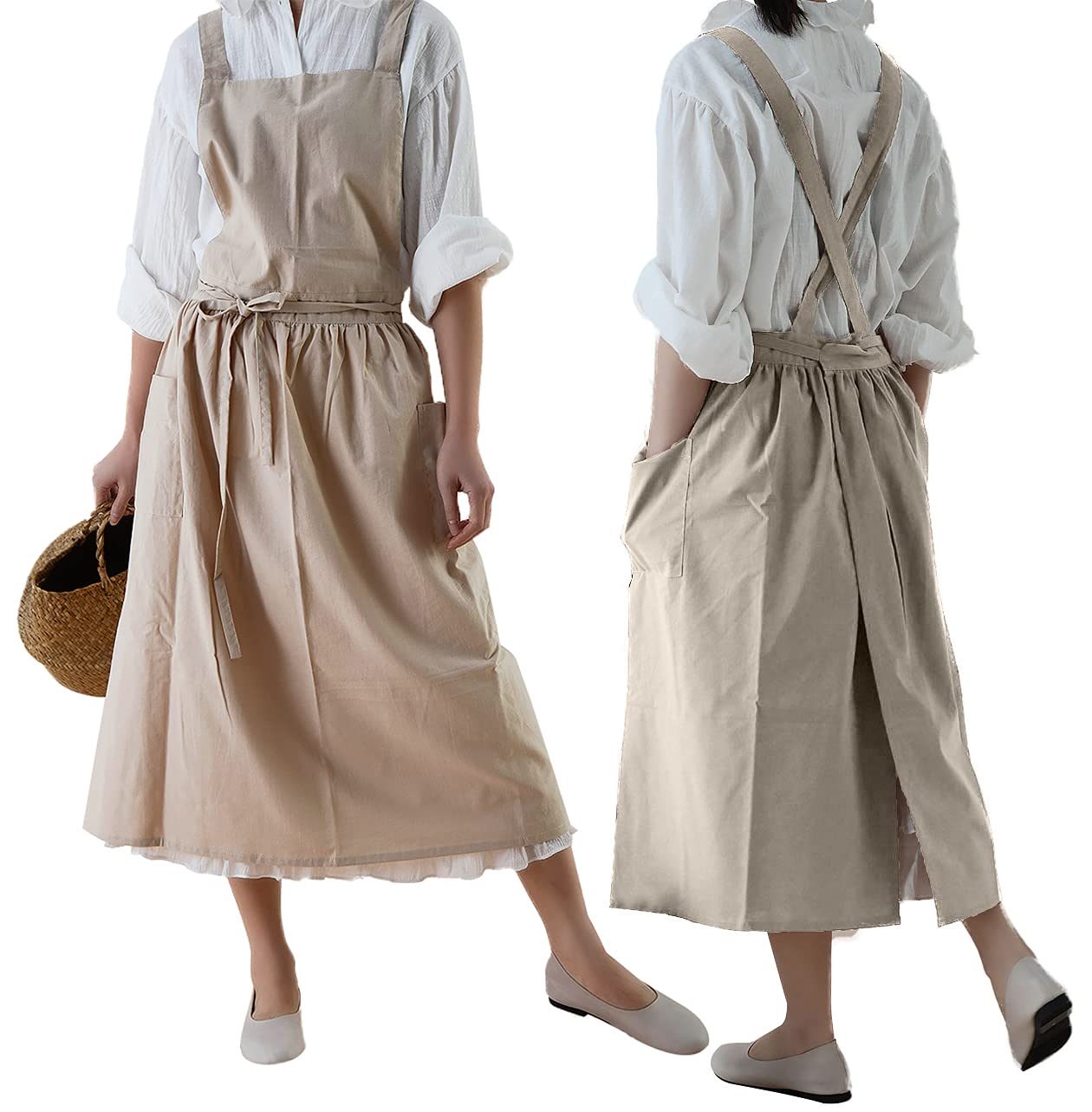 Losofar Cotton Pleated Apron Retro Waterdrop Proof Garden Cleaning Pinafore Dress (Wheat, 103Cmx86Cm)