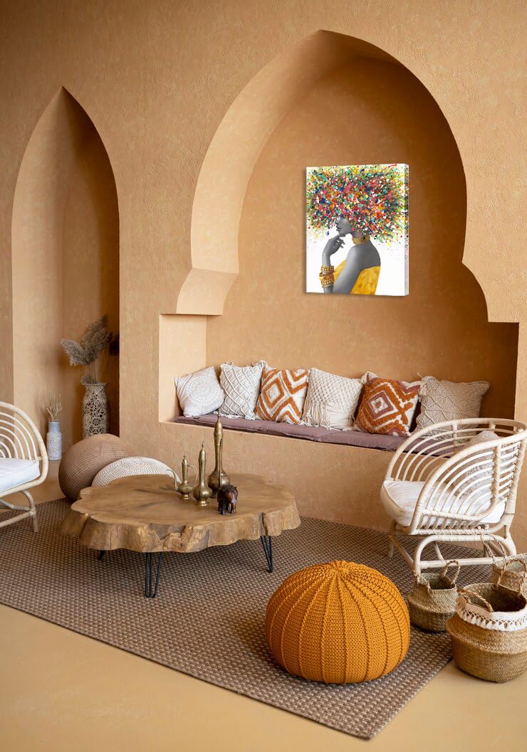 B BLINGBLING African American Wall Art - Graffiti Canvas Painting 24"x32" - Colorful Pop Afro Lady, Framed Ready to Hang