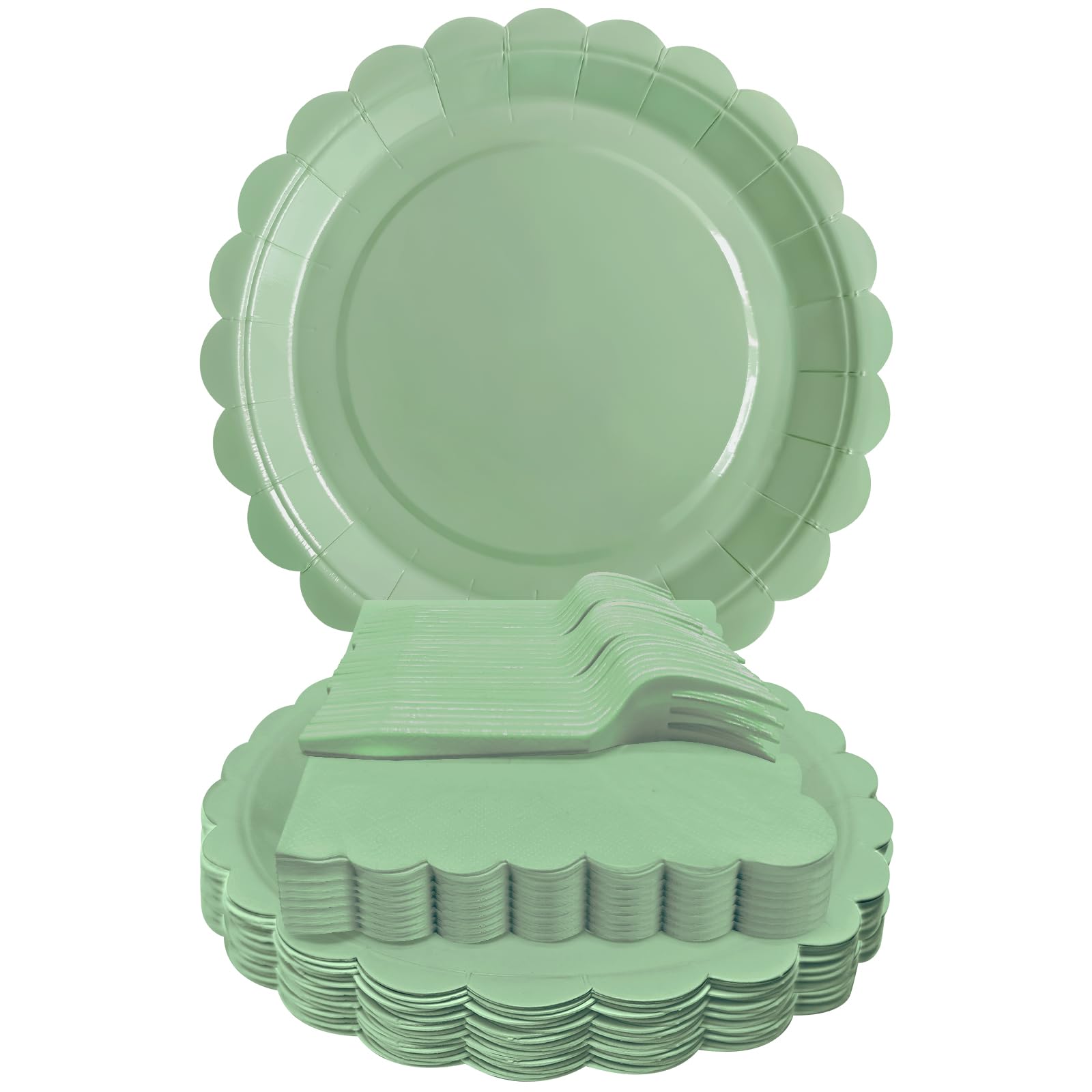 WYQJHKV Sage Green Paper Plates and Napkins,7 Inch Sage Green Scalloped Disposable Dessert Plates Paper Napkin Fork Party Suppli