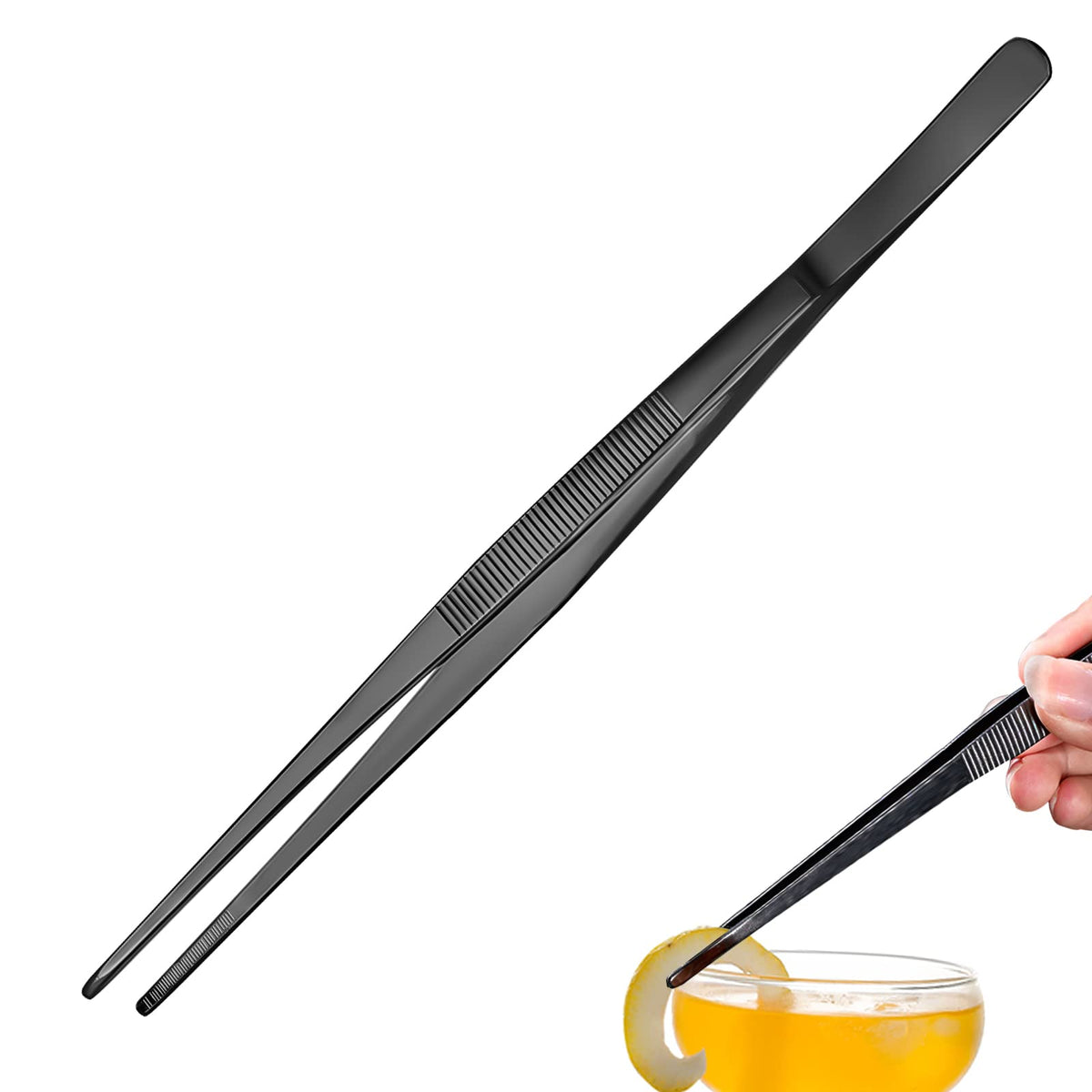 Tweezers - 11.8''/30Cm Precision Tweezers, Garnish Stainless Steel Tongs For Bartender, Mixologists Clipping Food - Nz01-B (Blac