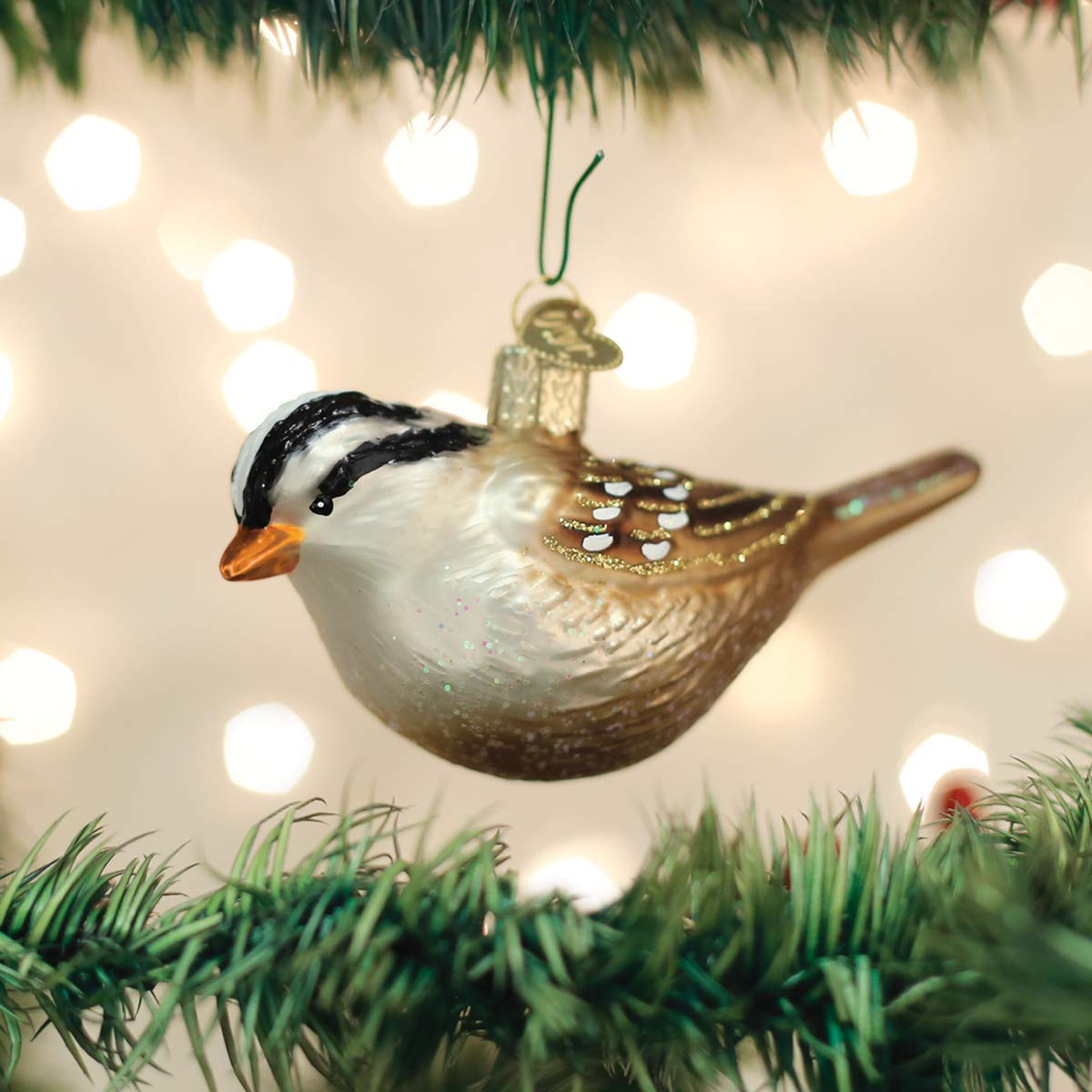Old World Christmas White-Crowned Sparrow Glass Blown Ornament for Christmas Tree, Handcrafted Holiday Decoration, Bird Watcher