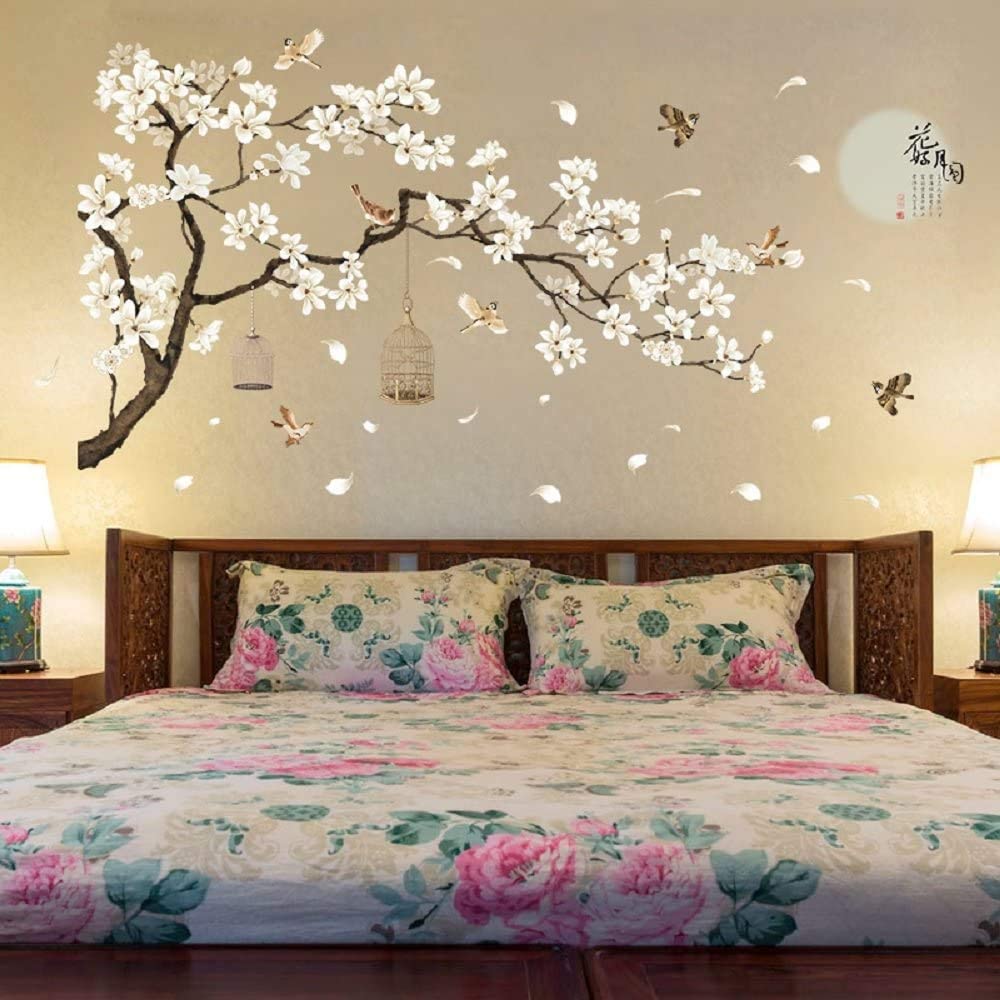 AM AMAONM Chinese Style White Flowers Black Tree and Flying Birds Wall Stickers Removable DIY Wall Art Decor Decals Murals for O
