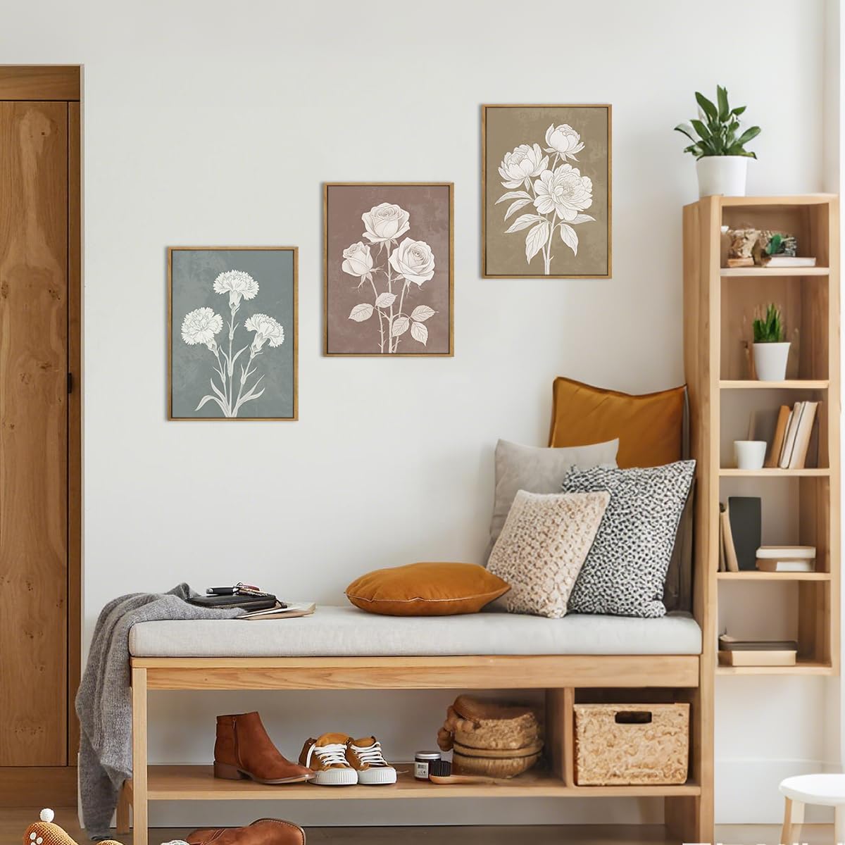 Neutral Floral Canvas Wall Art Framed Boho Flower Painting Print 12X16 Inches 3 Piece