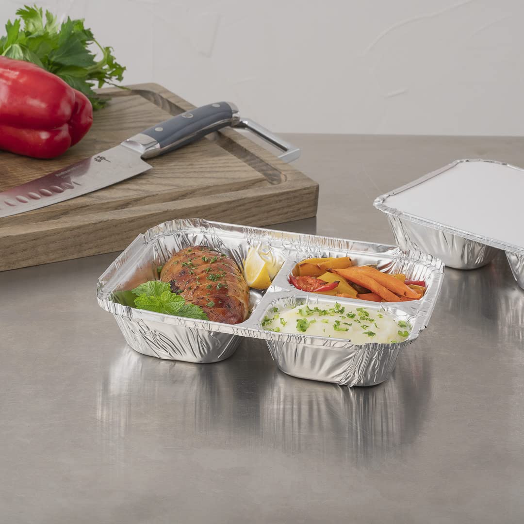 Restaurantware Foil Lux 23 Ounce Aluminum Food Containers 100 Rectangle Aluminum Pans - Lids Sold Separately 3 Compartments Silv