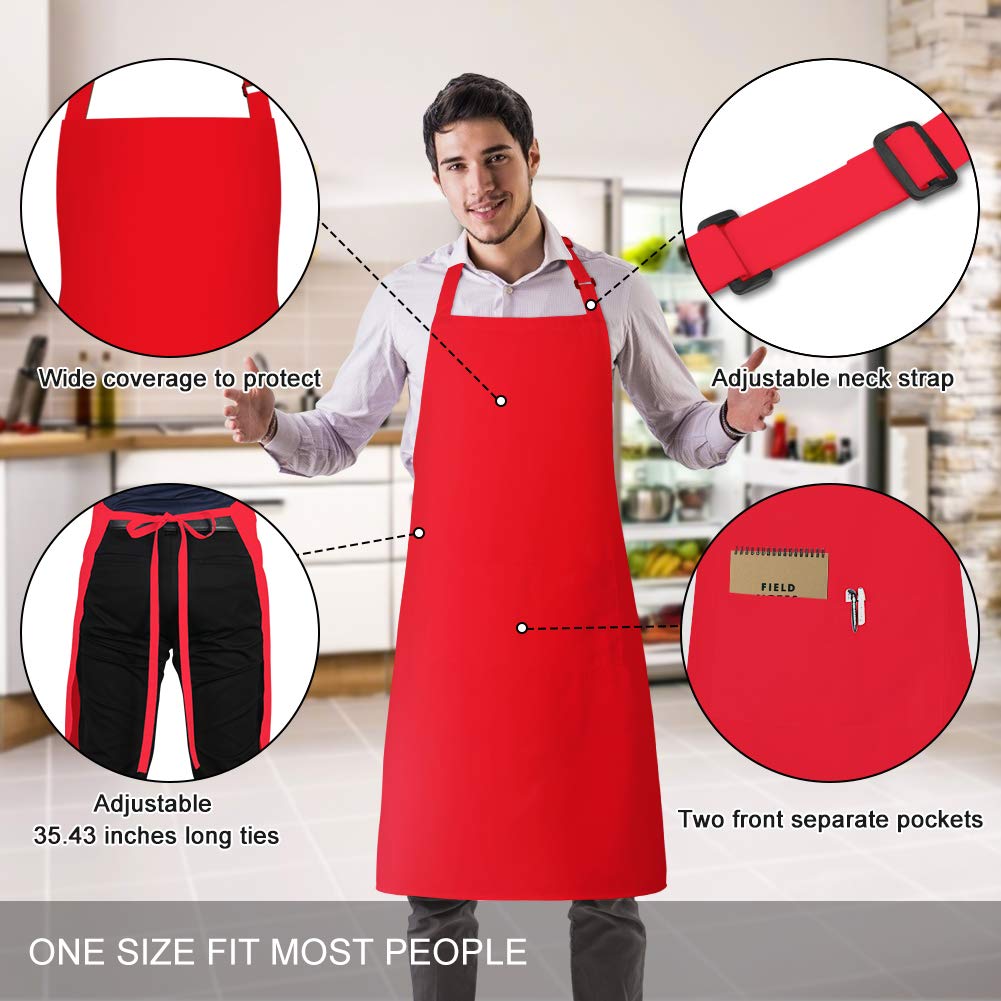 Jubatus 2 Pack Bib Aprons With 2 Pockets Cooking Chef Kitchen Apron For Women Men, Red