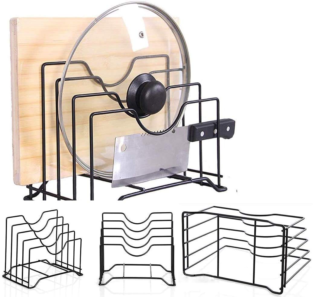 Craftize Mstore Kitchen Storage Rack - Black Iron 4-Slot Pan & Pot Rack With Chopping Board Stand, Countertop Cookware Organizer