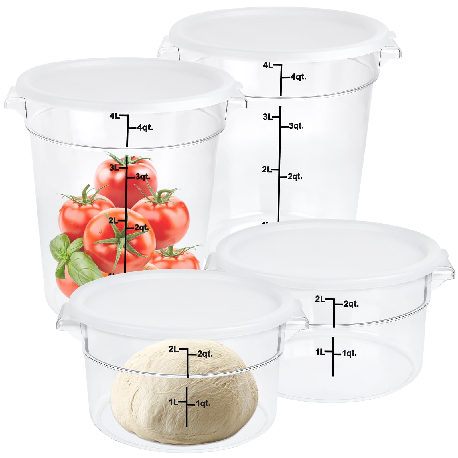 Milkary 4Pcs Food Storage Container with Lids, Clear Round Dough Proofing Container, Commercial Containers with Scales and Handl