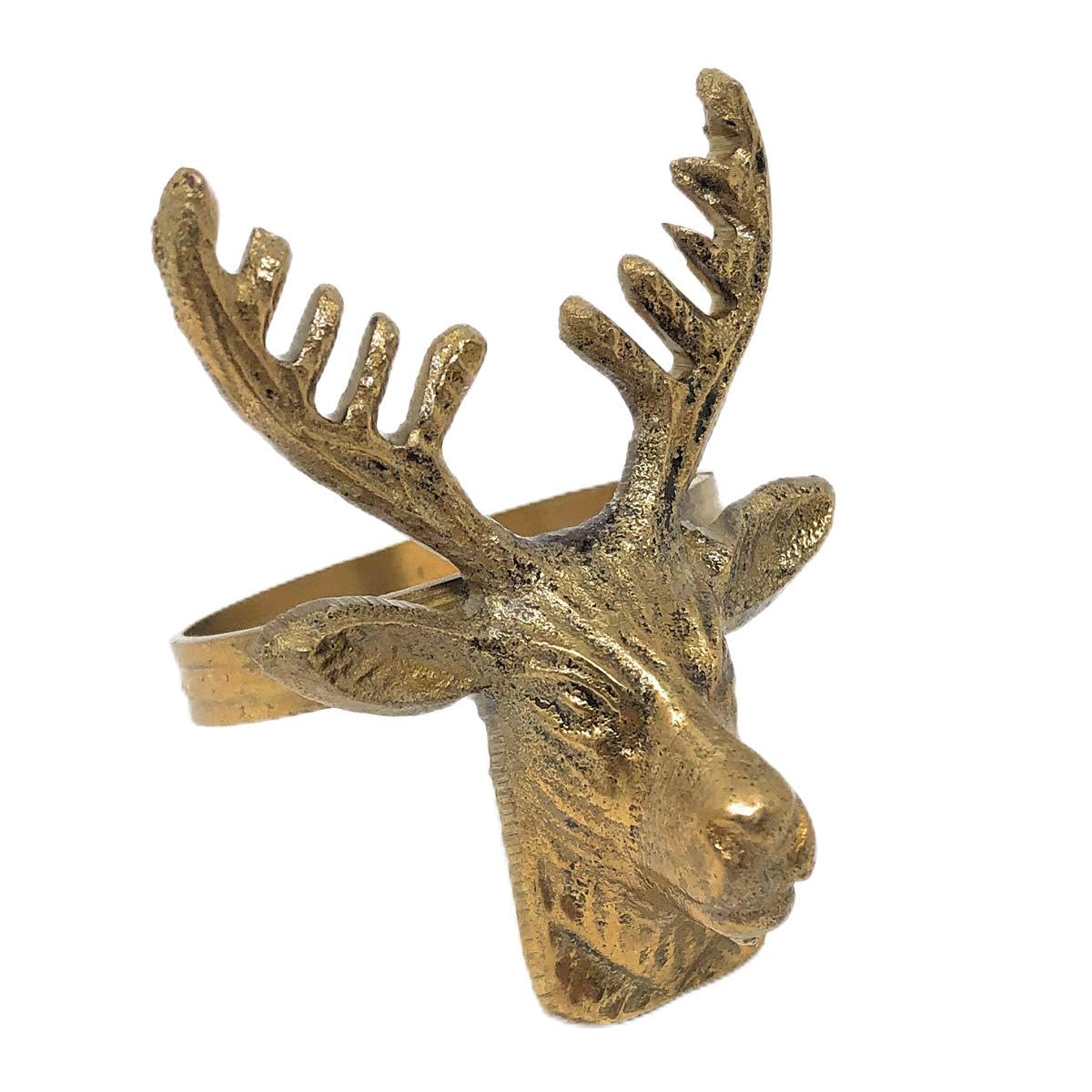 Accent Decor Deer Head Brass Napkin Rings In Jute Bag, Set Of 6
