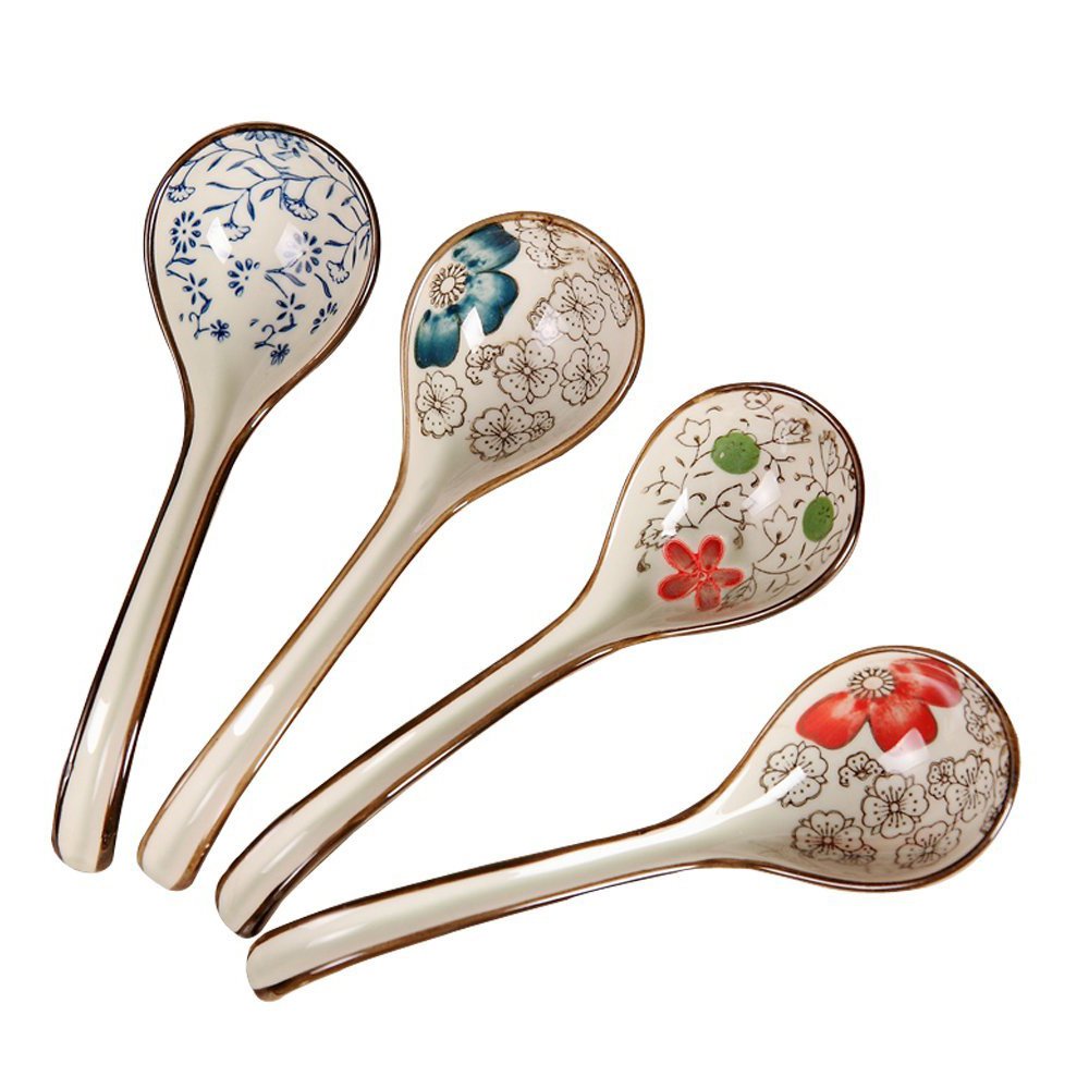 Pretty Hand-Printed Ceramic Spoons With Comfortable Size For Eating Soups,Set Of 4 Long Handle Hook Spoon Soup Spoon Hand-Crafte
