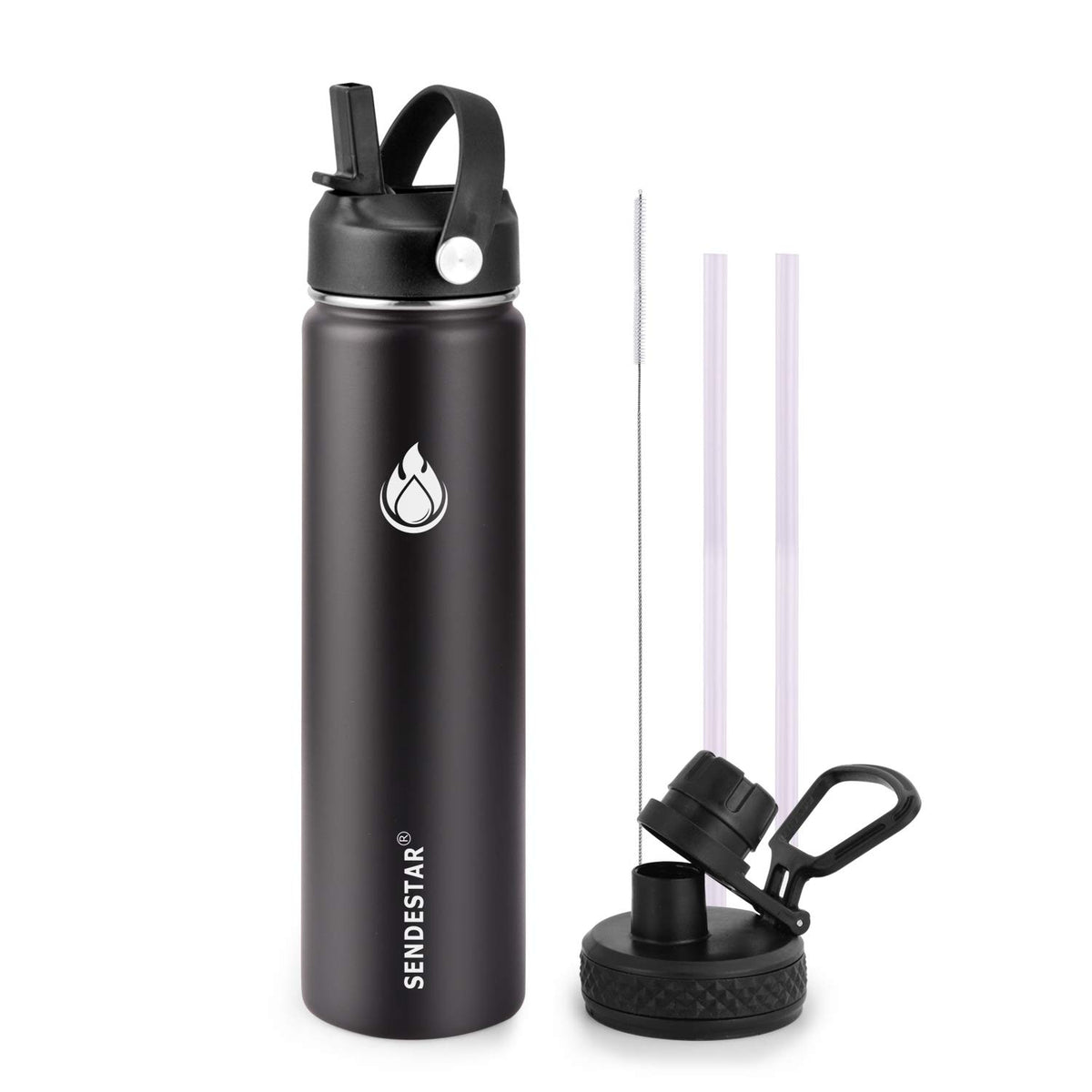 Sendestar Stainless Steel Water Bottle, Wide Mouth 24 Oz Water Bottle With Straw Lid, Spout Lid, Double Wall Vacuum Insulated Le