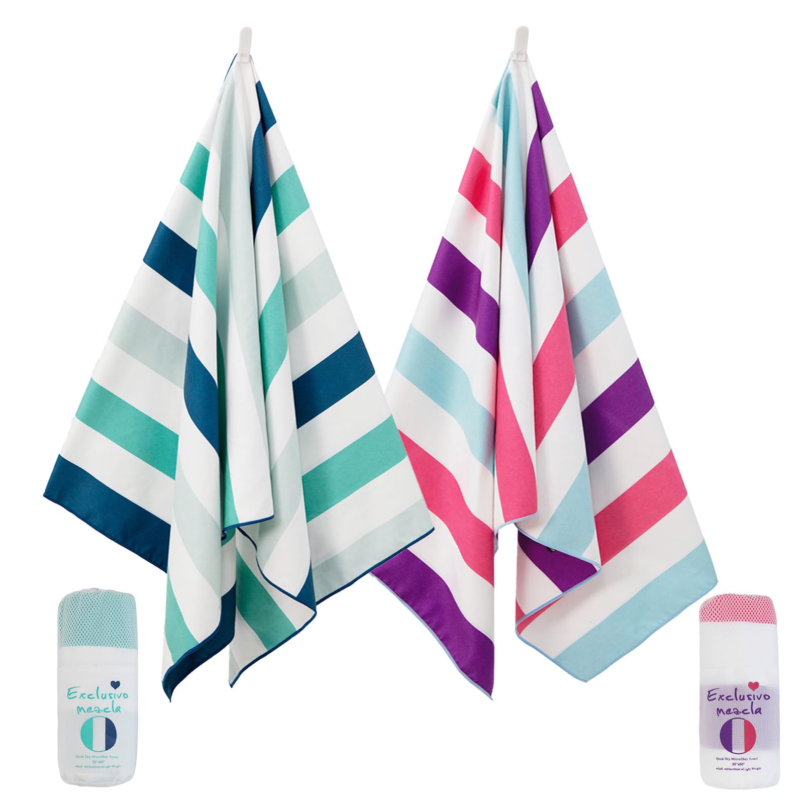 Exclusivo Mezcla 2 Pack Large Microfiber Quick Dry Beach Towels, Lightweight Sand-Free Cabana Stripe Pool Travel Camping Towel w