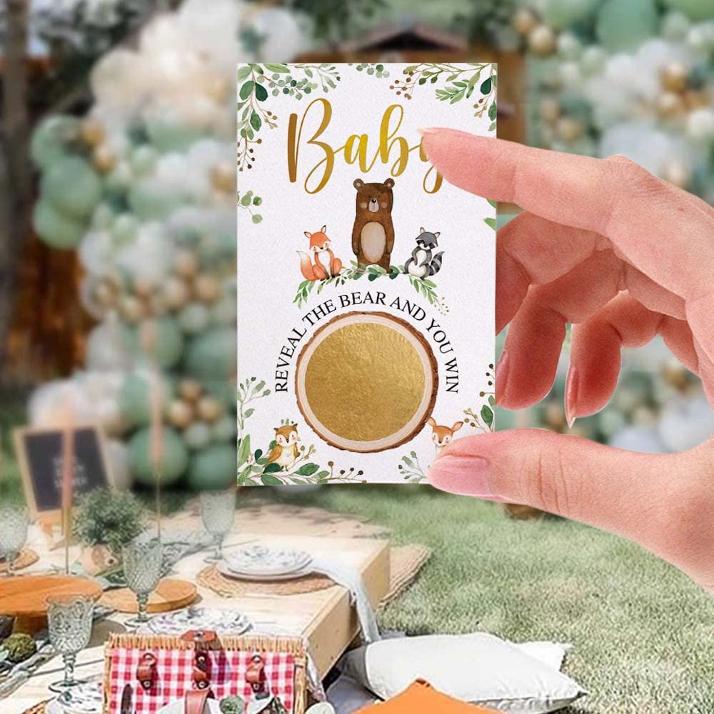 Skuhyyg 50 Pieces Woodland Baby Shower Scratch Off Game, Woodland Forest Animals Neutral Boy Girl Baby Shower Decorative Set, Pr