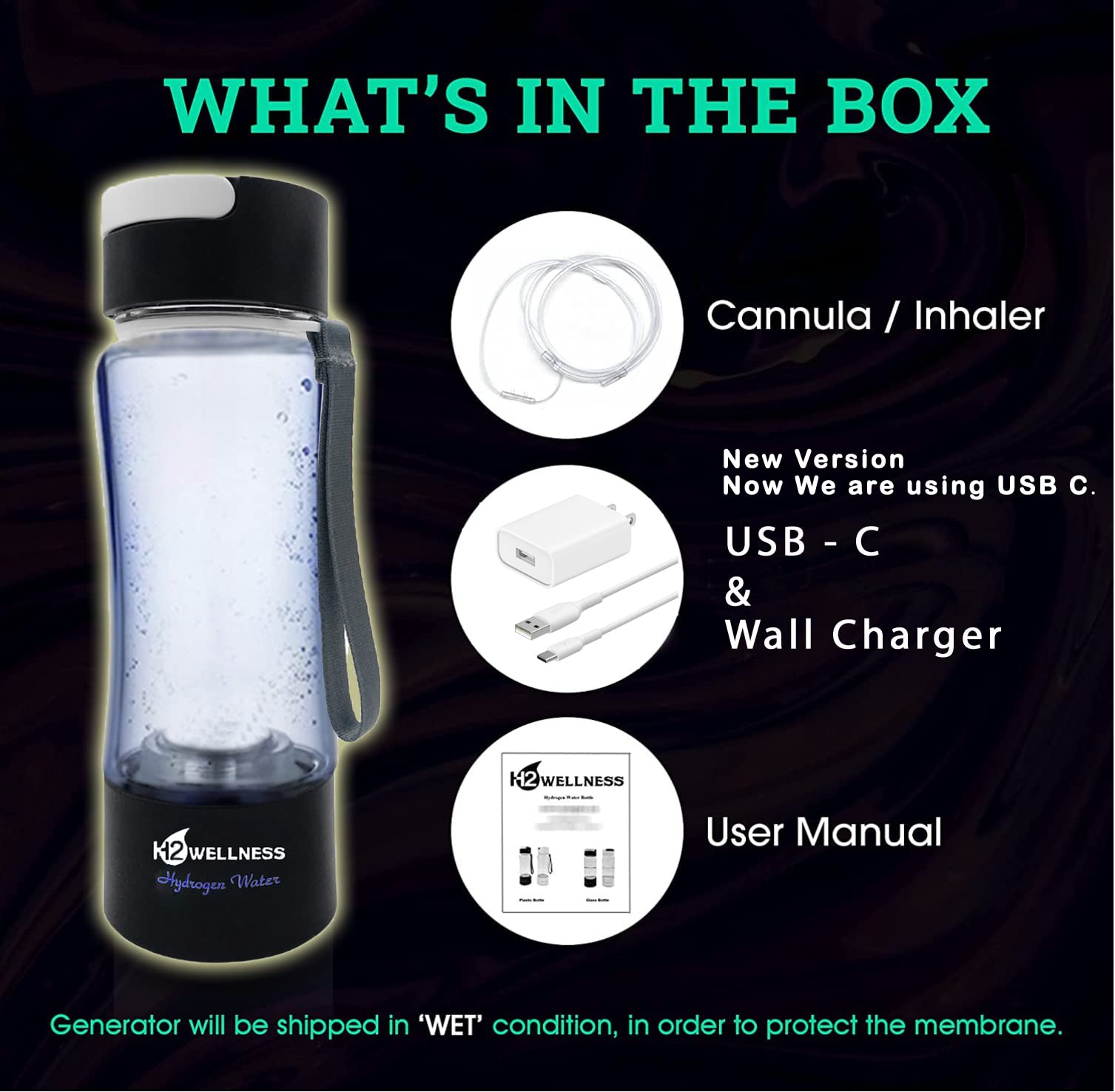 H2Wellness  - Molecular Hydrogen Water Bottle  400ml Portable Hydrogen Water Maker  Hydrogen Water Generator with Portable Inhaler Adapter and Self-Cleaning Mode  Black Tritan