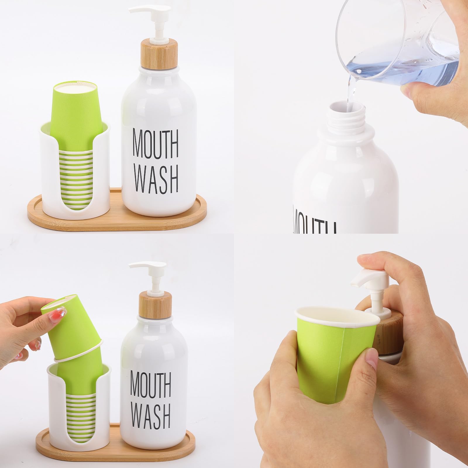 Mouthwash Dispenser With Cup Holder, Plastic White Mouth Wash Pump Bottle With Tray For Bathroom Organizers, 17Oz Refillable Cle