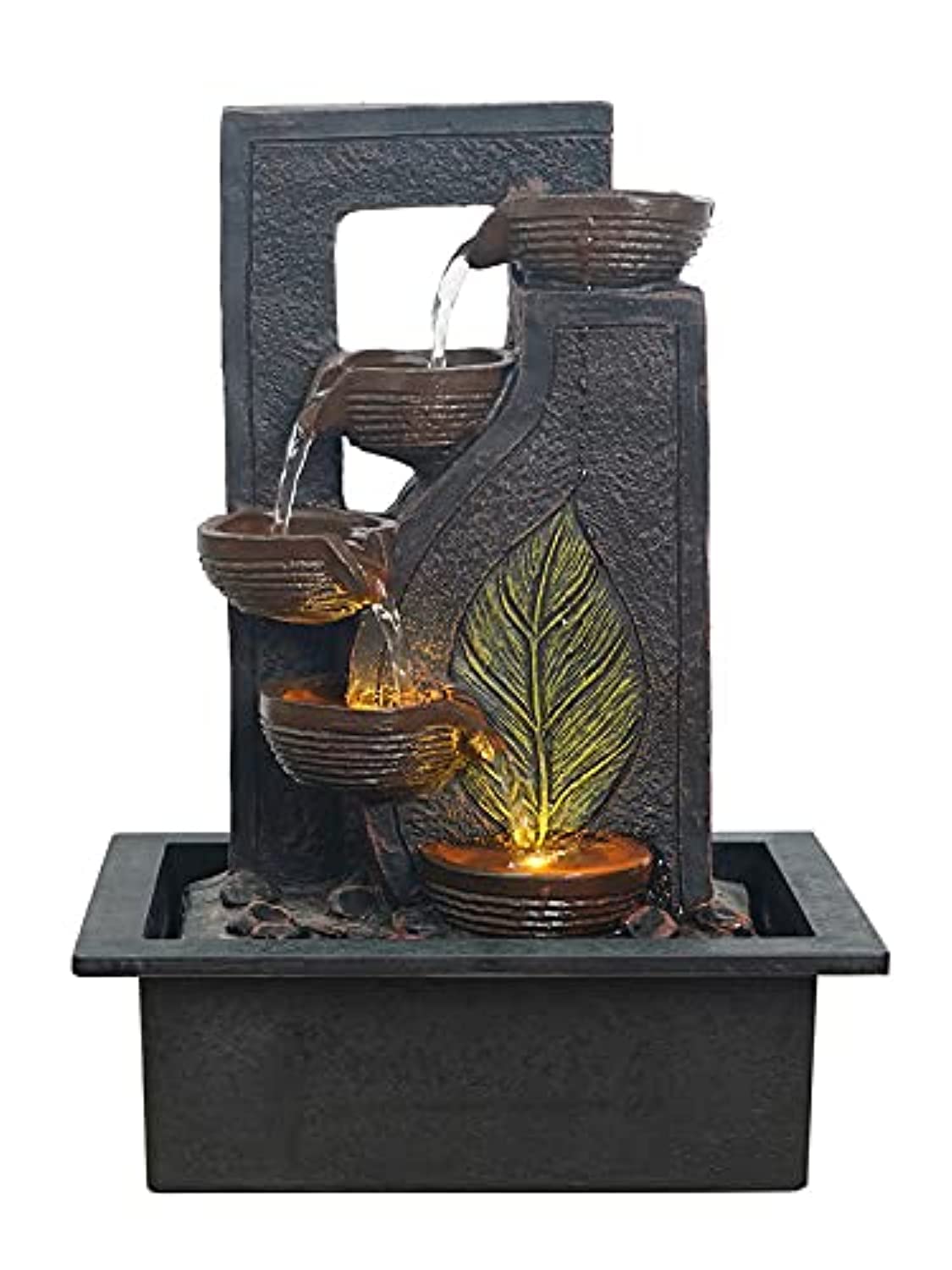 CHRONIKLE Polyresin Table Top Black 4 Diya Steps & Green Leaf Design Indoor Waterfall Fountain for Home Decor with LED Lights &