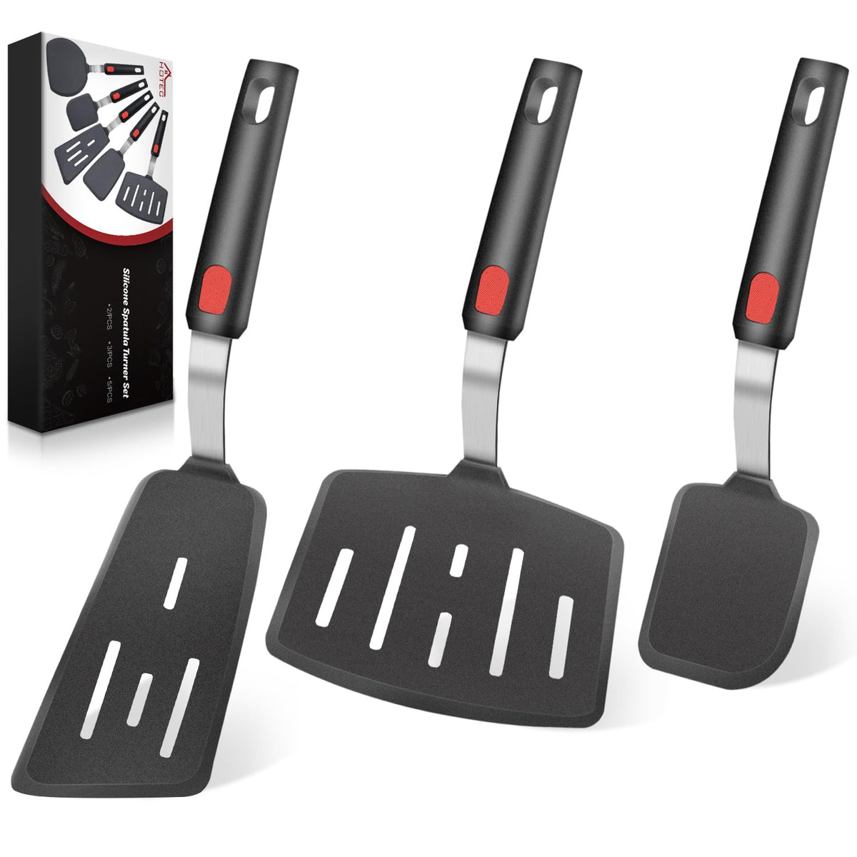 Hotec Silicone Spatula Turner For Nonstick Cookware, Cooking Spatula 600F Heat Resistant Large Flexible Rubber Spatula Set Of 3,