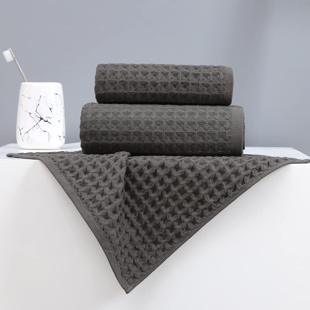 Yiluomo Grey Waffle Towels Sets 100% Cotton Highly Absorbent Quick Dry Towels For Bathroom (1 Bath Towels, 1 Hand Towels And 1 W