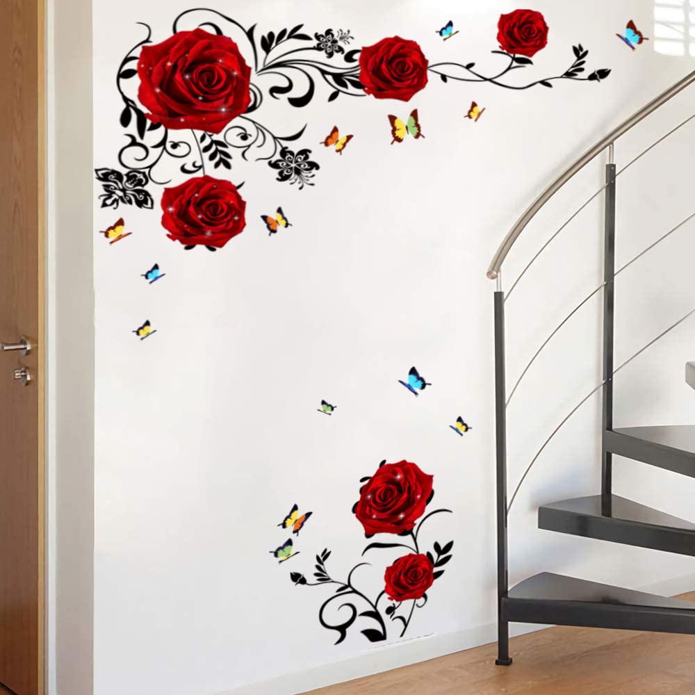 Supzone Red Rose Wall Stickers Rose Flower Vine Wall Decal Red Peony Floral Wall Decor DIY Vinyl Mural Art for Bedroom Living Room Sofa Backdrop TV Wall Decoration