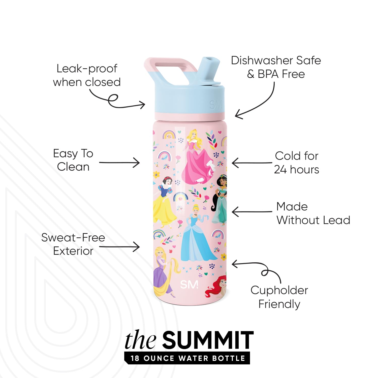 Simple Modern Kids Summit Water Bottle with Straw Lid | Disney Princess 18oz Stainless Steel Cup Insulated Tumbler for Girls, Sc