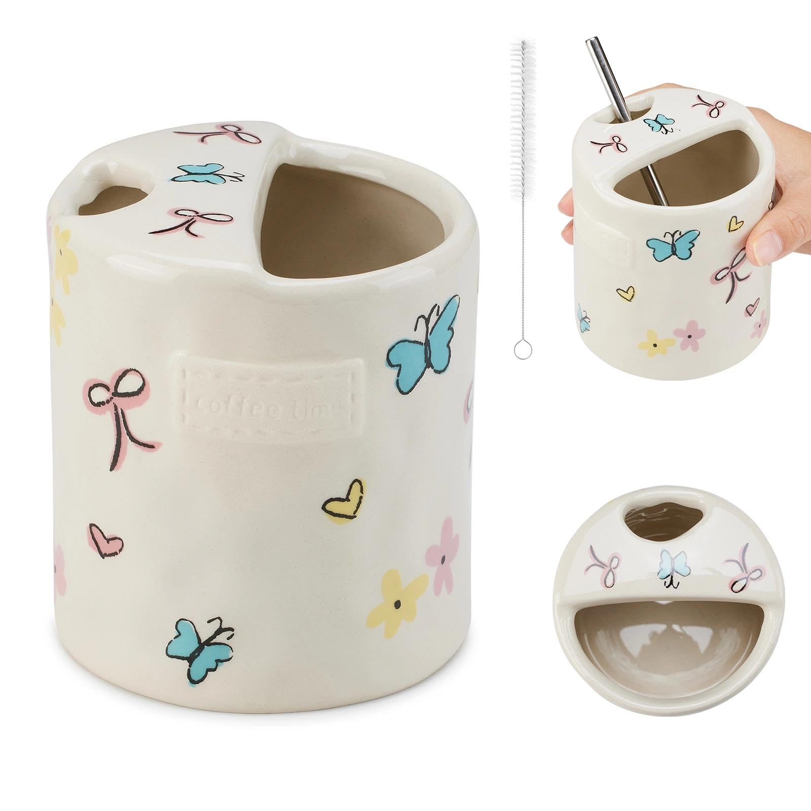 Czyminrout Ceramic Coffee 10oz Mug HandPainted Espresso Cup,with Sip Hole and Brush Retro Ceramic Travel Mug For Kitchen, Dinin