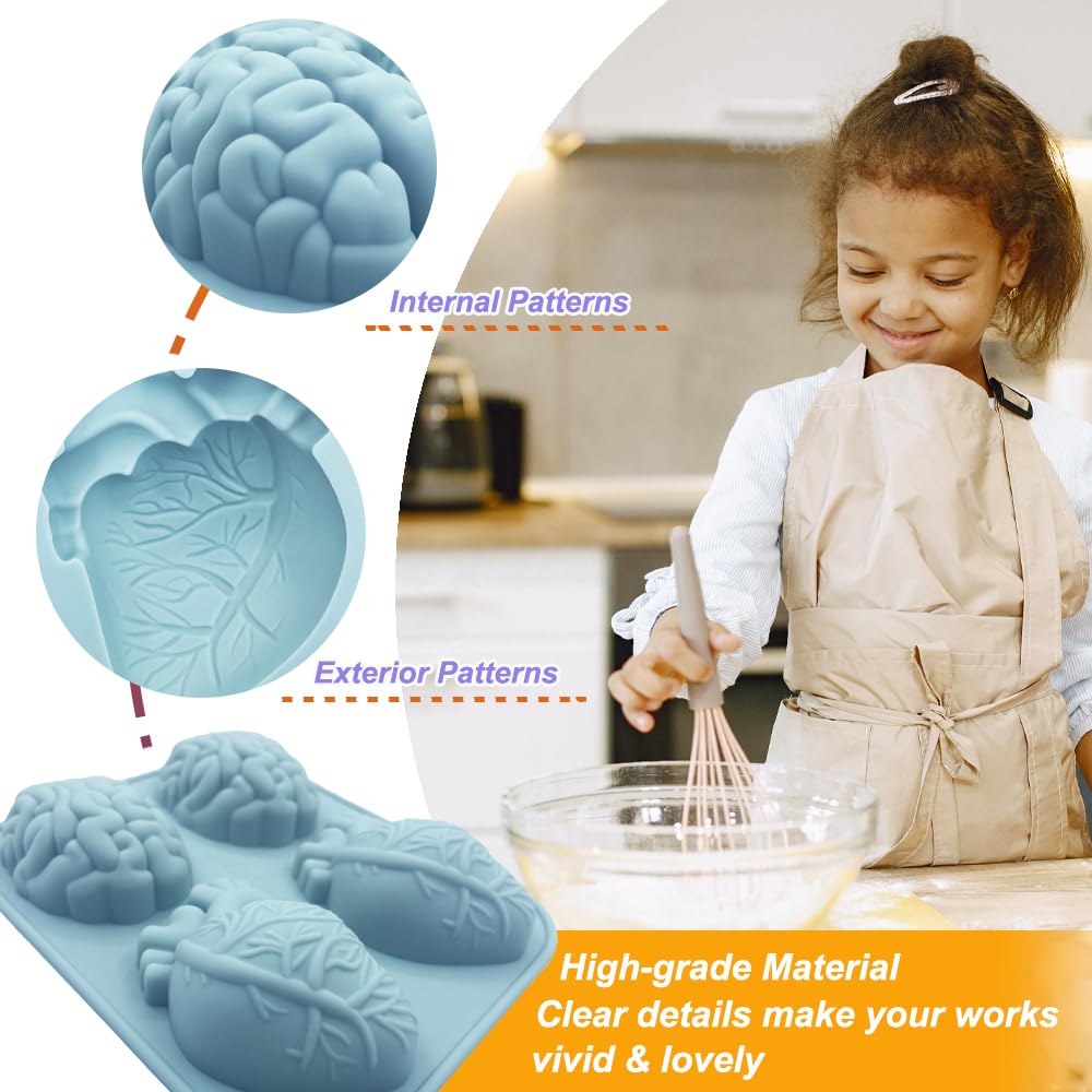 3D Human Brain Heart Silicone Molds, 2 Pack Realistic Halloween Organ Shapes Silicone Muffin Molds For Chocolate Pudding Dessert