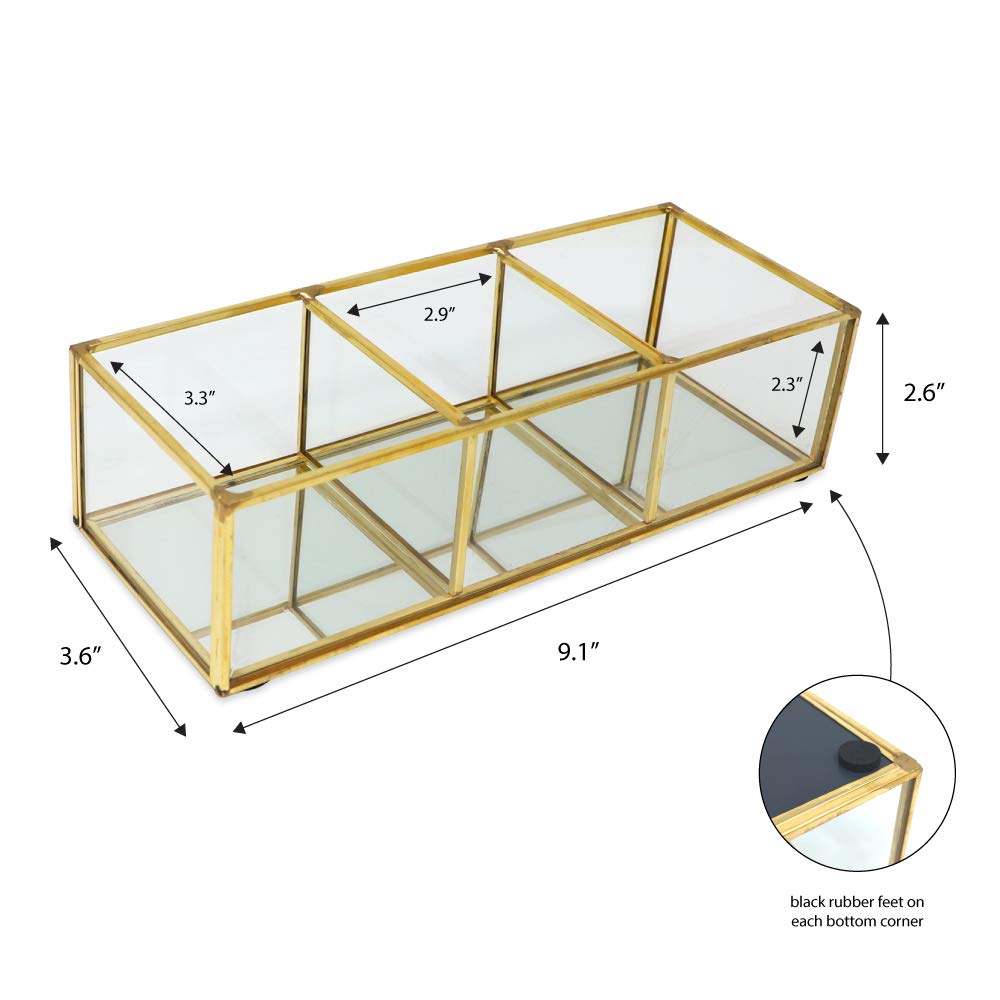 Isaac Jacobs 3-Compartment Vintage Style Brass and Glass Organizer (9.1 L x 3.6W x 2.6 H)  Multi-Sectional Tray & Storage Solution with Mirror Base  for Makeup & More  Bathroom  Kitchen  Office