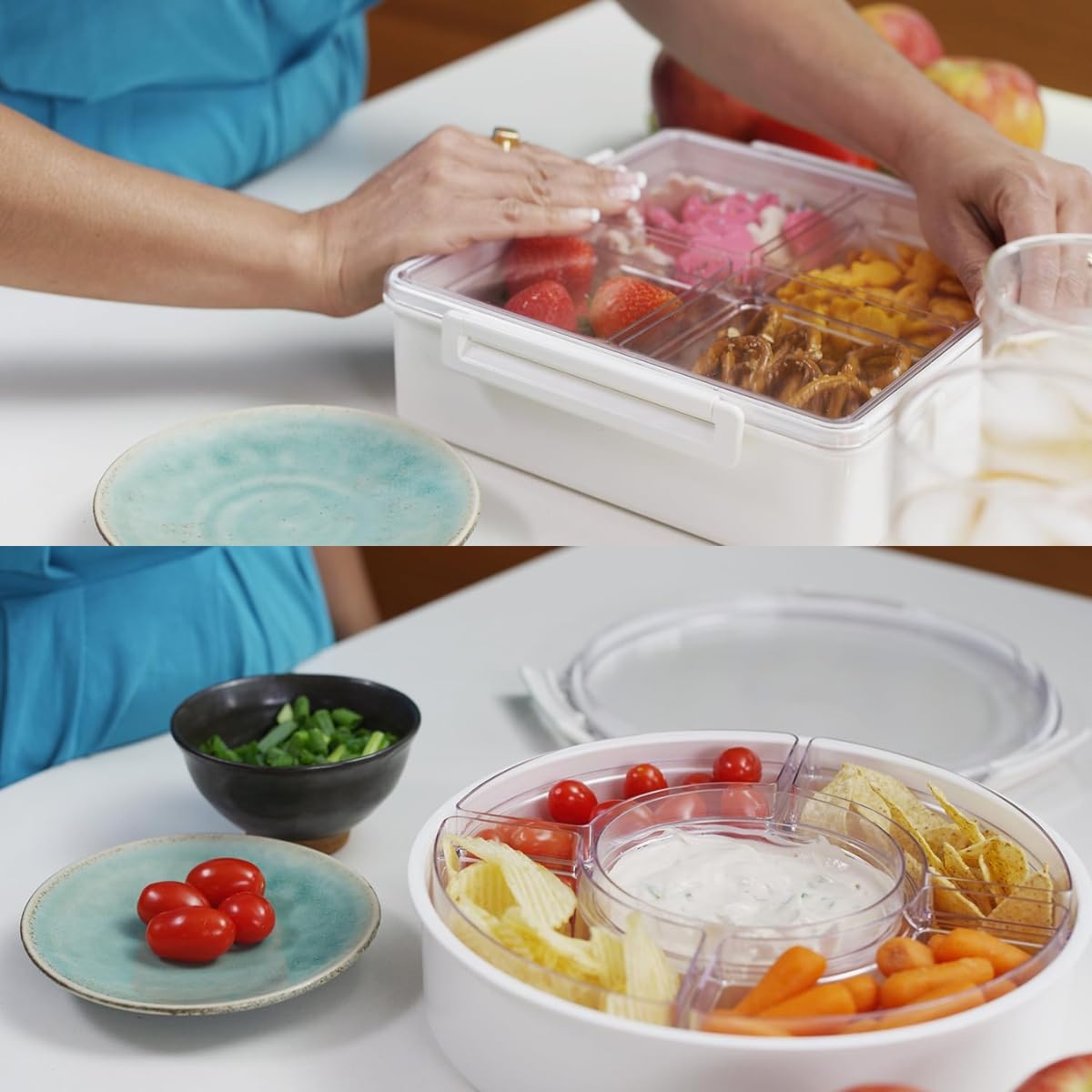 Airtight 4-Compartment Removable Divided Serving Tray With Lid, Portable Charcuterie Container, Snackle Platter, Snack Box, Easy
