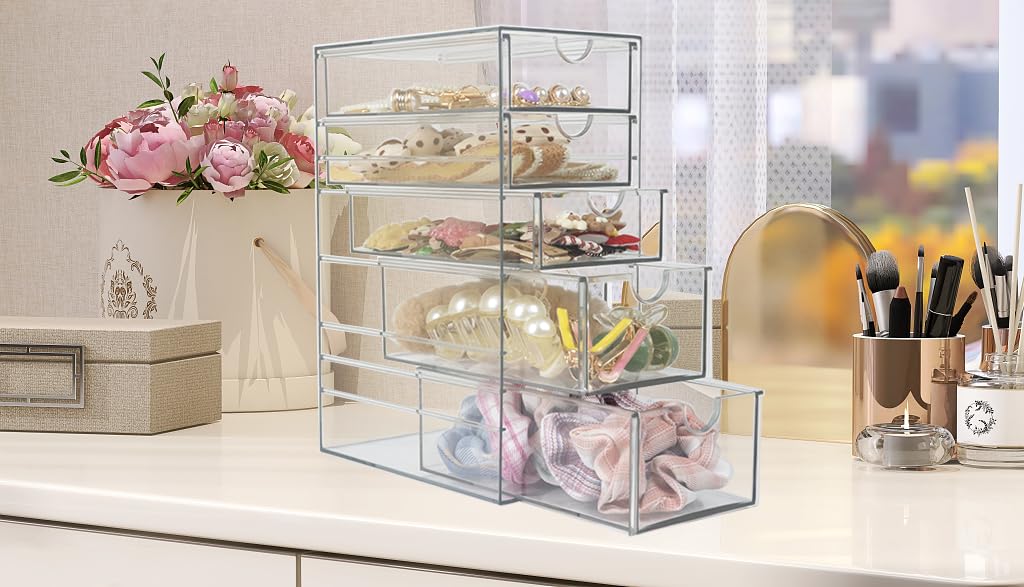 Plastic Drawer Storage with 5 Different Sizes Drawers, Clear Light Gray Hair Accessories Organizer, Transparent Bathroom Organiz