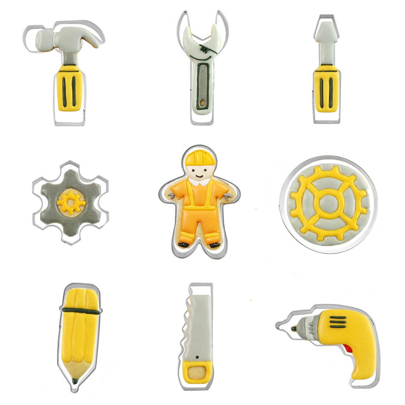 Mini Construction Tools Cookie Cutters Set Of 9 Pcs, Stainless Steel Mini Hardware Tools Series Shaped Fondant Baking Molds For