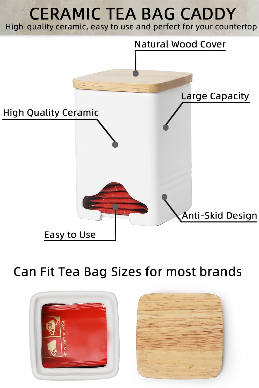 Quxija Ceramic Tea Bag Storage Organizer Caddy Holder With Lid (White)