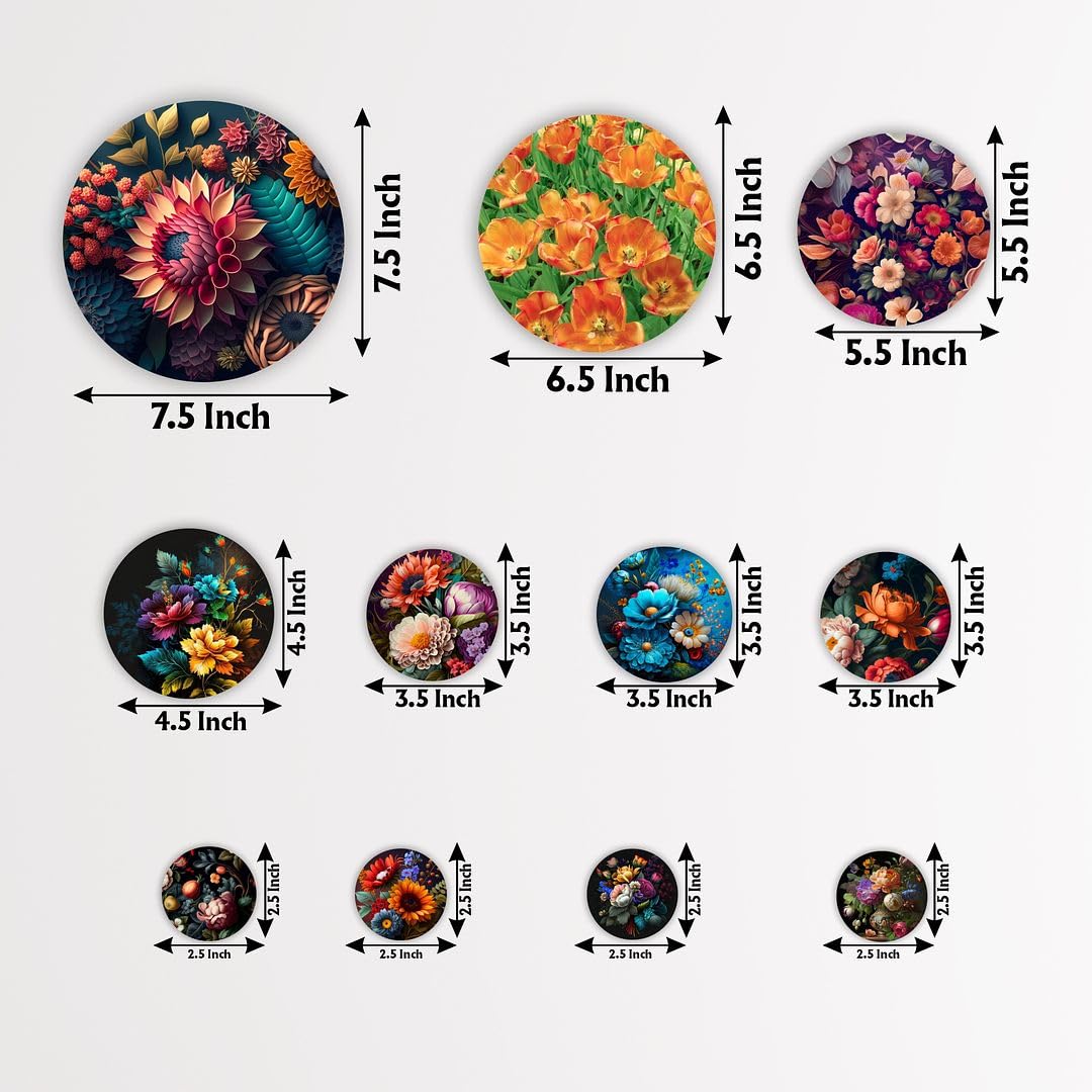 Cvanu Set Of 11 Floral Design Printed On Round Shaped Wall Art Hanging Self-Adhesive Double Sided Tape For Wall Decoration_C118