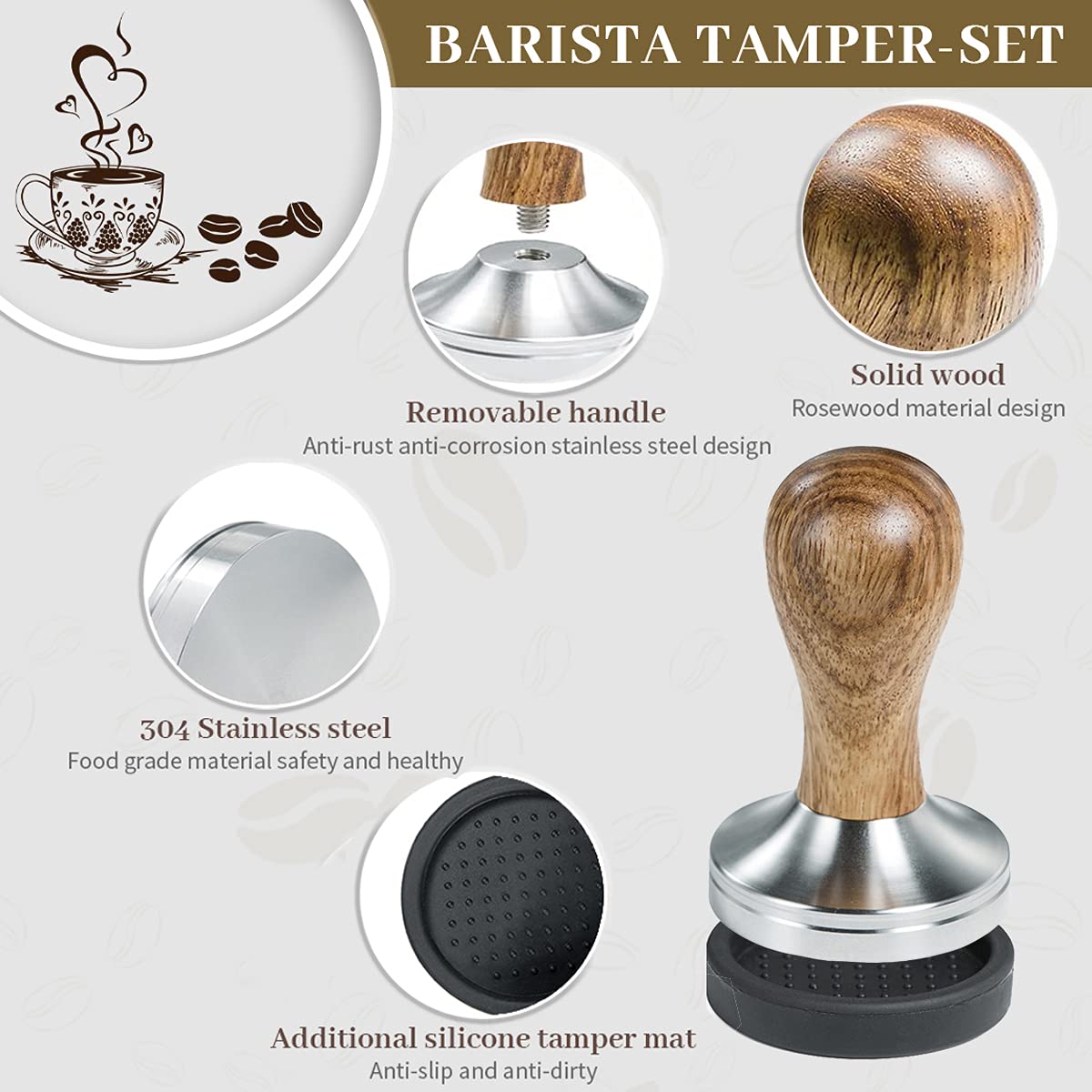 Ezebesta 58Mm Coffee Tamper Espresso Press With Tamper Mat Tamper With 304 Stainless Steel Base Wooden Handle Barista Espresso M