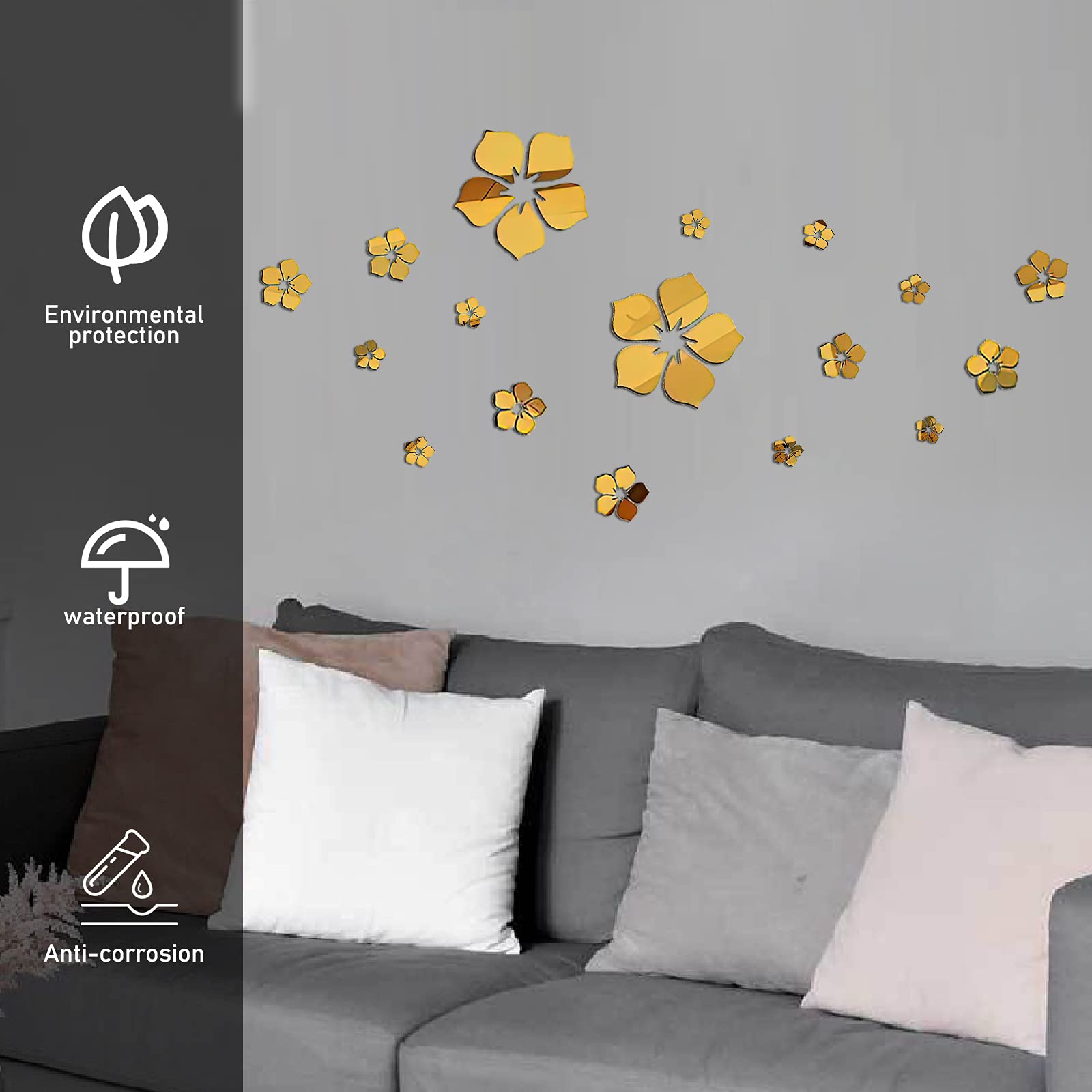 Philbinden Acrylic Mirror Floral Wall Stickers Self Adhesive Mirror Wall Decor Removable Mirror Decor 3D Flower Diy Wall Sticker