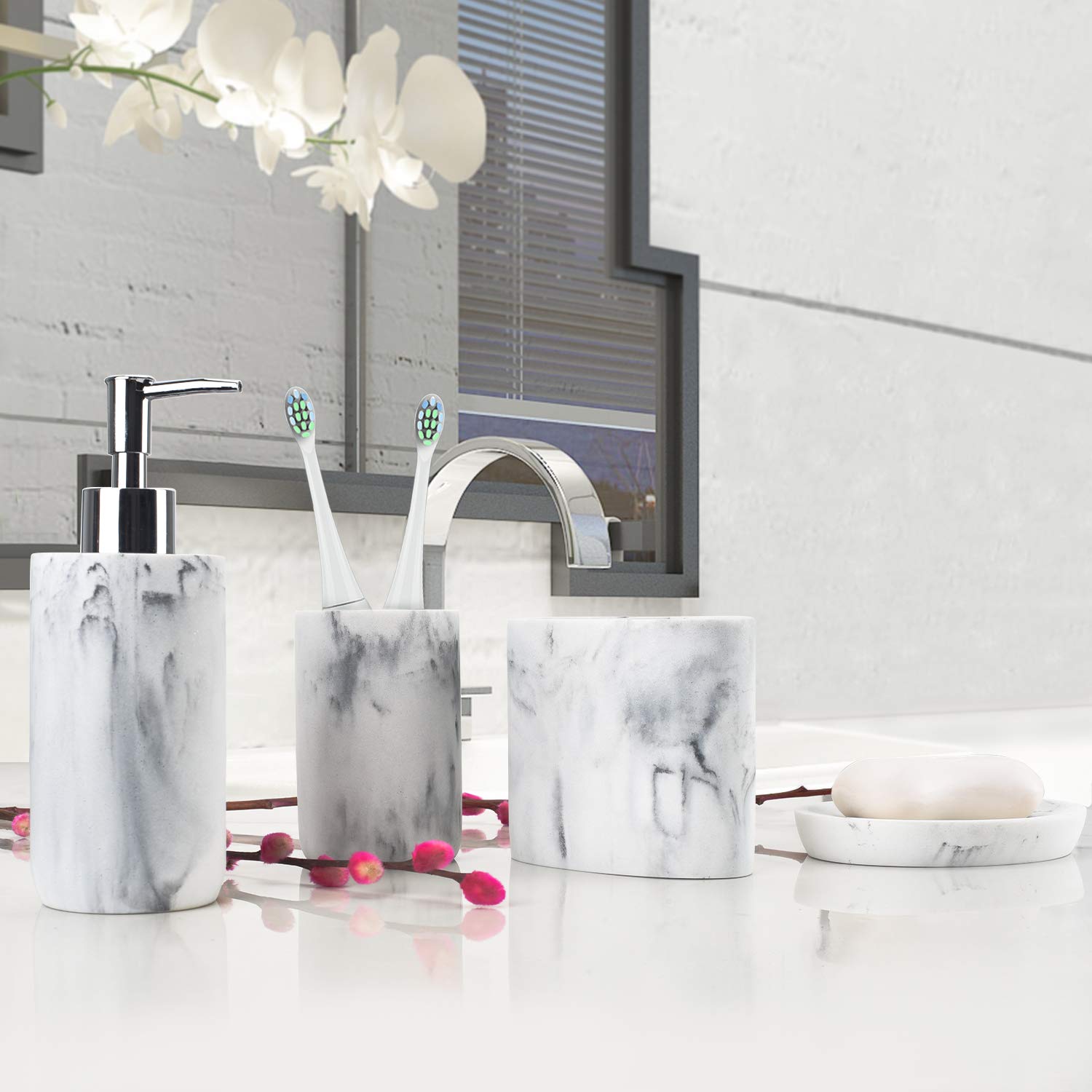 L'Arl Gmvoi Bathroom Accessories Set,4 Pieces Marble Bathroom Vanity Countertop Accessory Set With Bathroom Toothbrush Holder Se