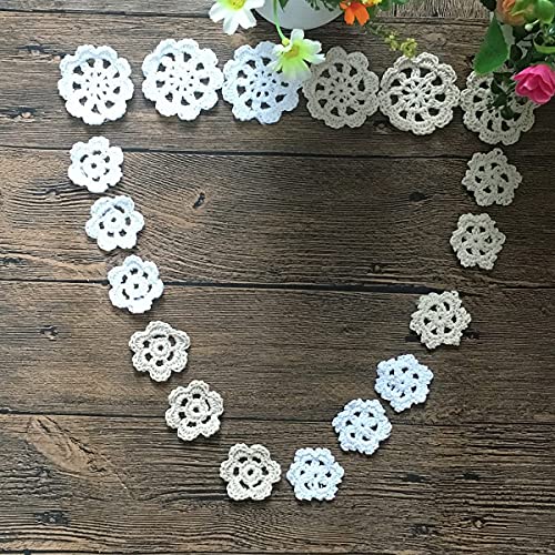 Mindplus Super Mini Doilies 1-2 Inches White Beige Cotton Small Hand Crochet Petals Lace Doilies For Crafts,Set Of 18 (White, 1-