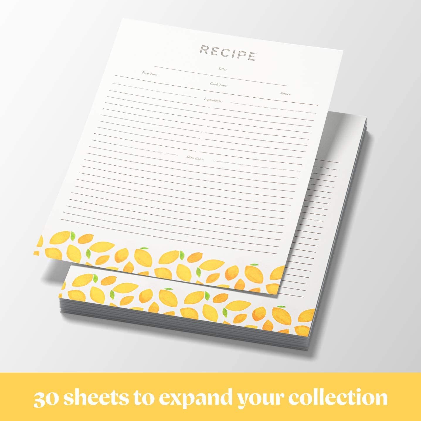 Jot & Mark Recipe Card Paper Full Page 8.5x11 with Crystal Clear Page Protectors for 3 Ring Binder  30 Count (Lemon Twist)