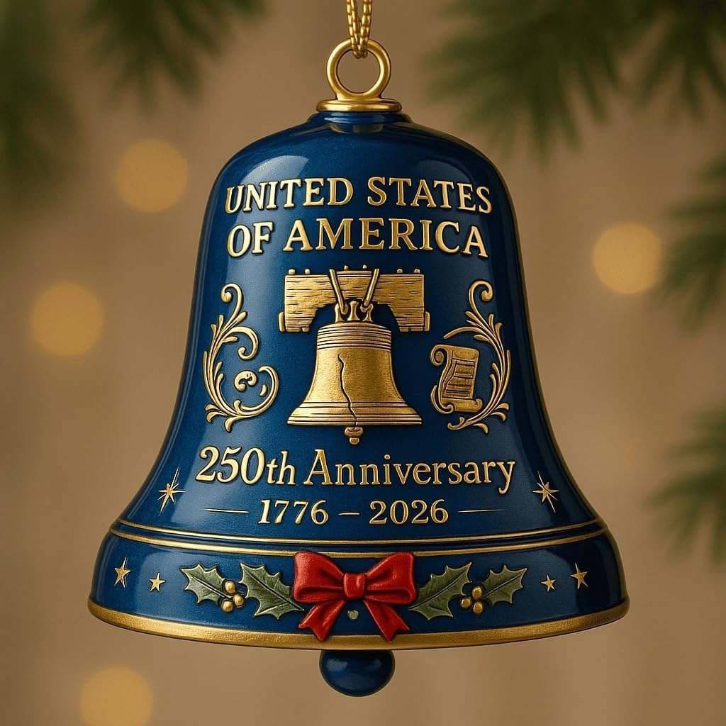 USA 250th Anniversary Bell Ornament Red & Gold Commemorative Hanging Decor, Christmas Ornament for Patriotic Holidays, Xmas Tree