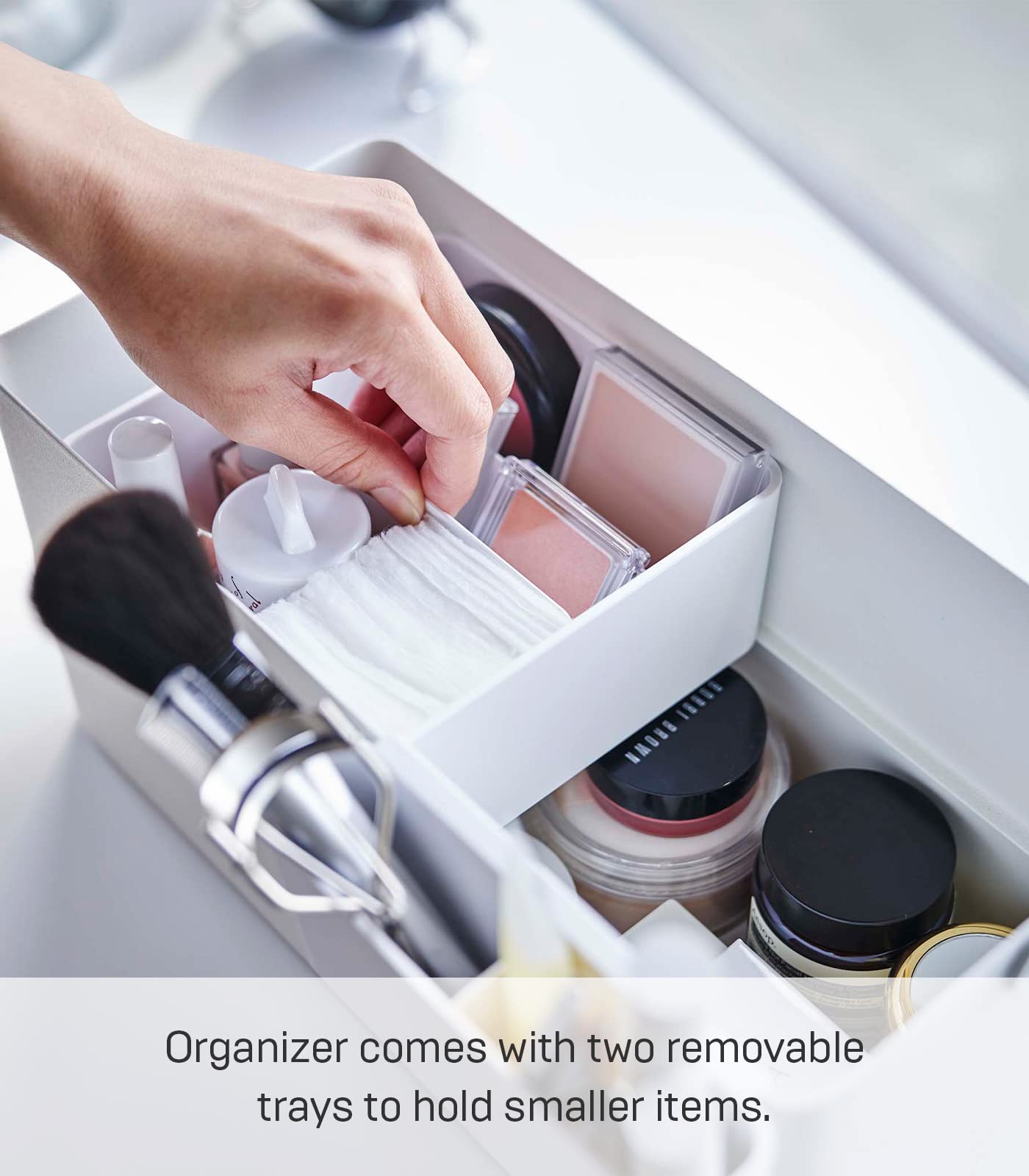 YAMAZAKI Home Tower Large Makeup Organizer Cosmetic Caddy with Handle Vanity Storage Drawer with Lid - Steel + Wood - White
