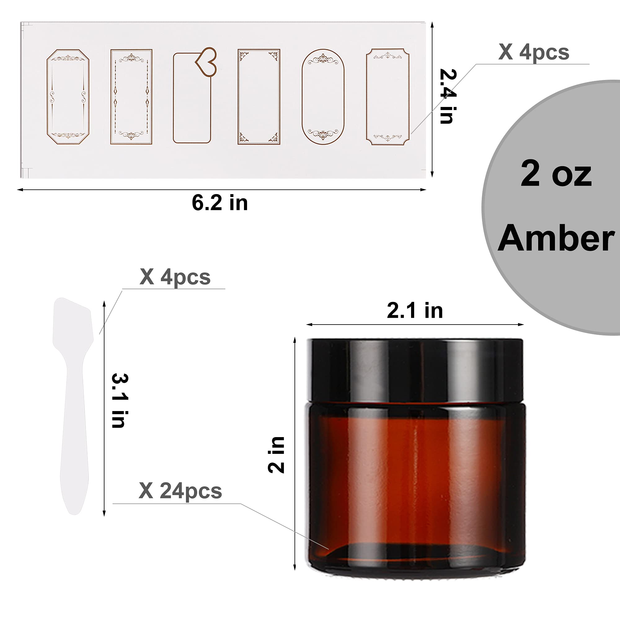 24 Pack 2Oz Amber Glass Jars With Black Lids, Round Empty Containers For Scrubs, Lotions, Cosmetic, And Ointments, Travel Storag