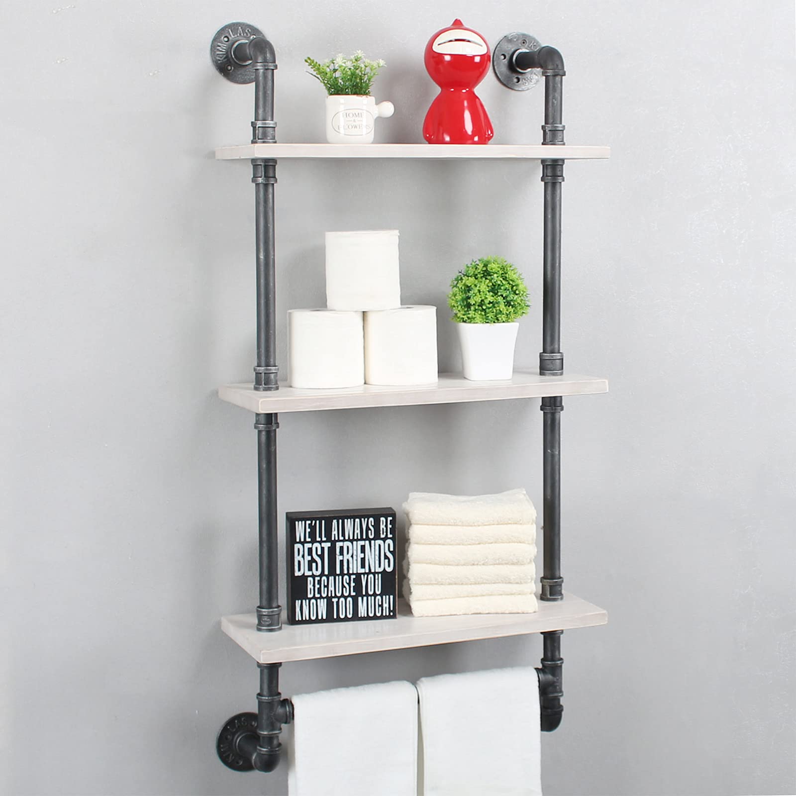MBQQ Industrial Pipe Shelf Bathroom Shelves Wall Mounted 19.6in Rustic Wood Shelf with Towel Bar 3 Tier Farmhouse Towel Rack Over Toilet Pipe Shelving Floating Shelves Towel Holder Retro White
